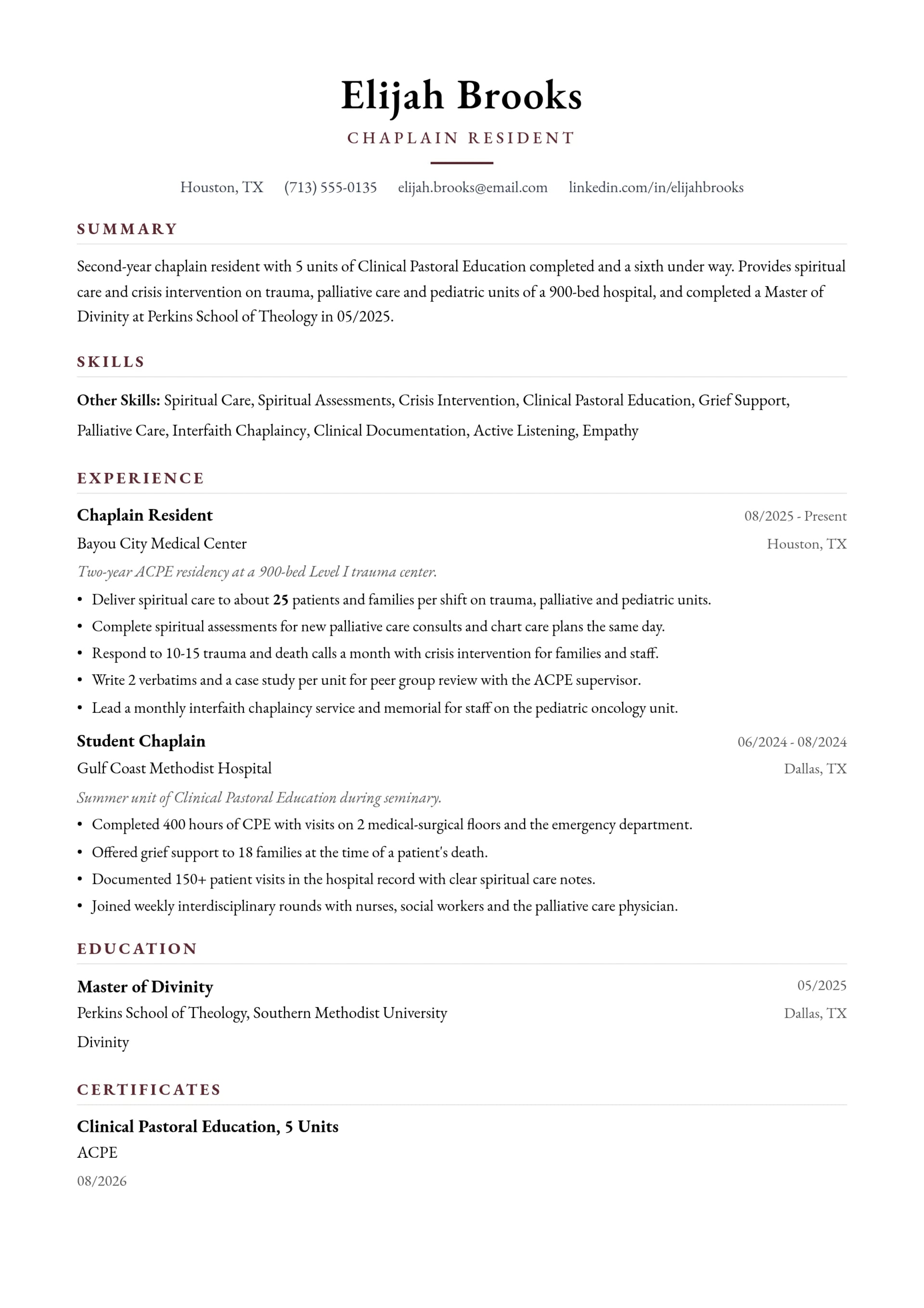 Chaplain Resident resume example