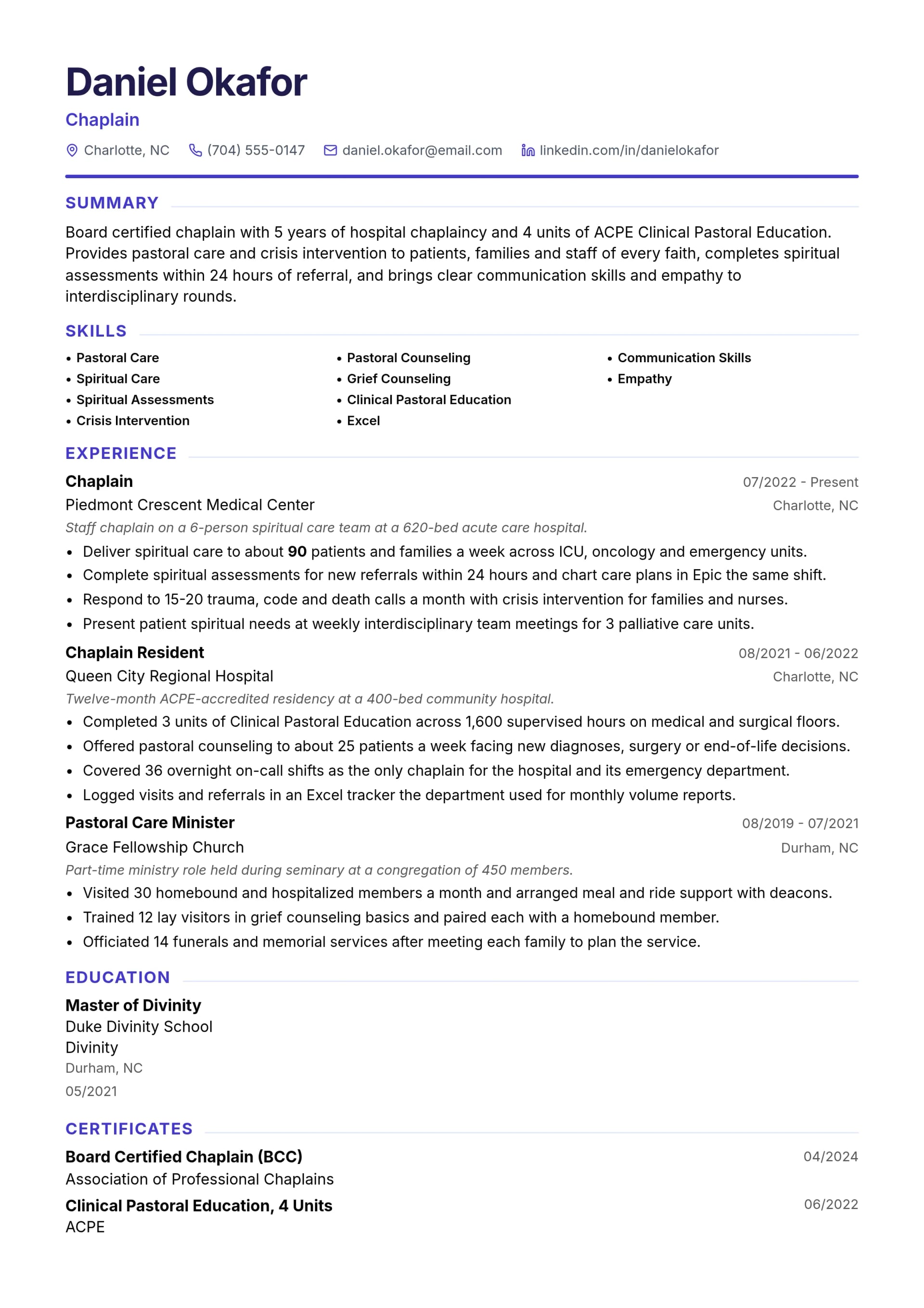 Chaplain resume example