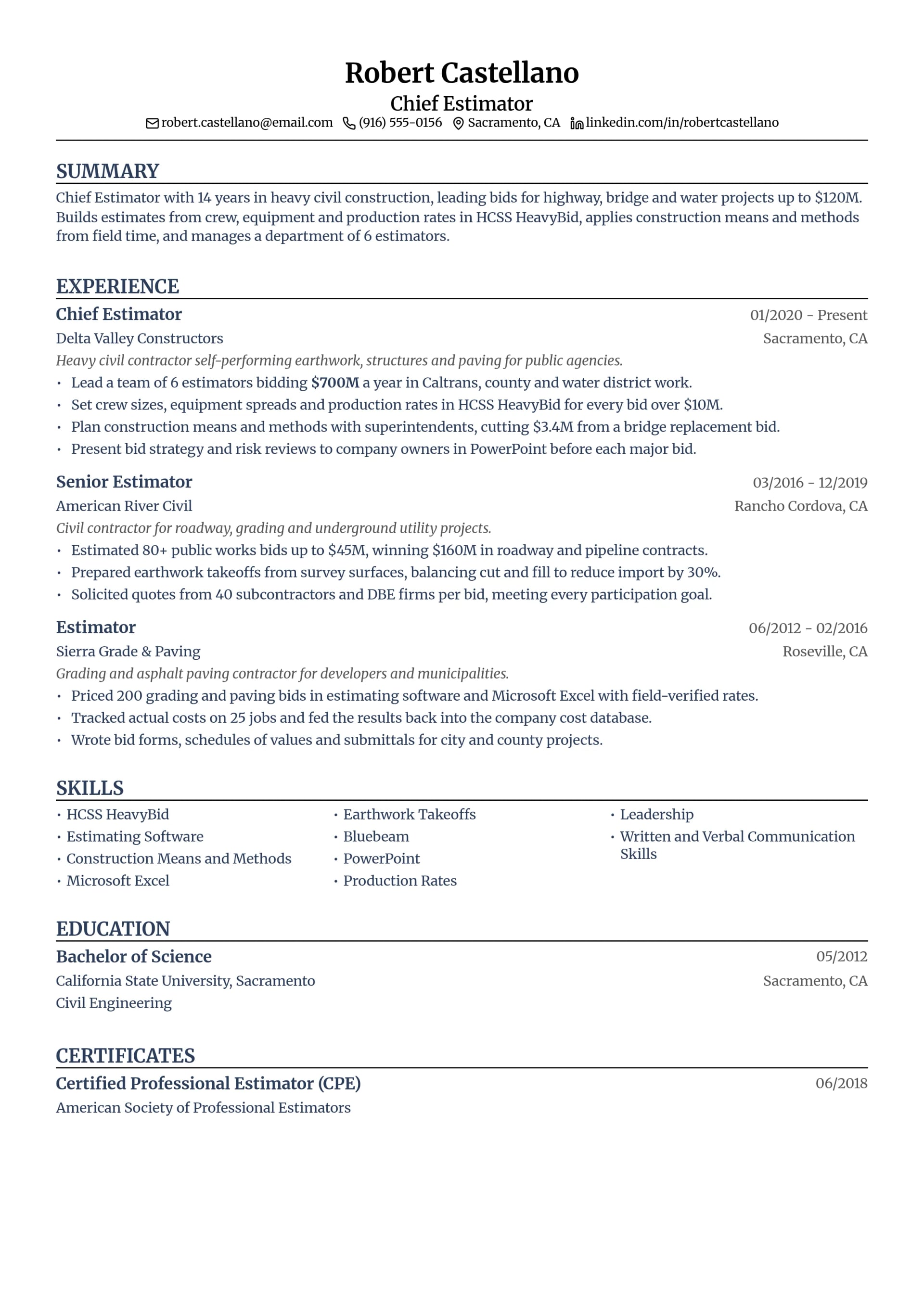 Chief Estimator resume example