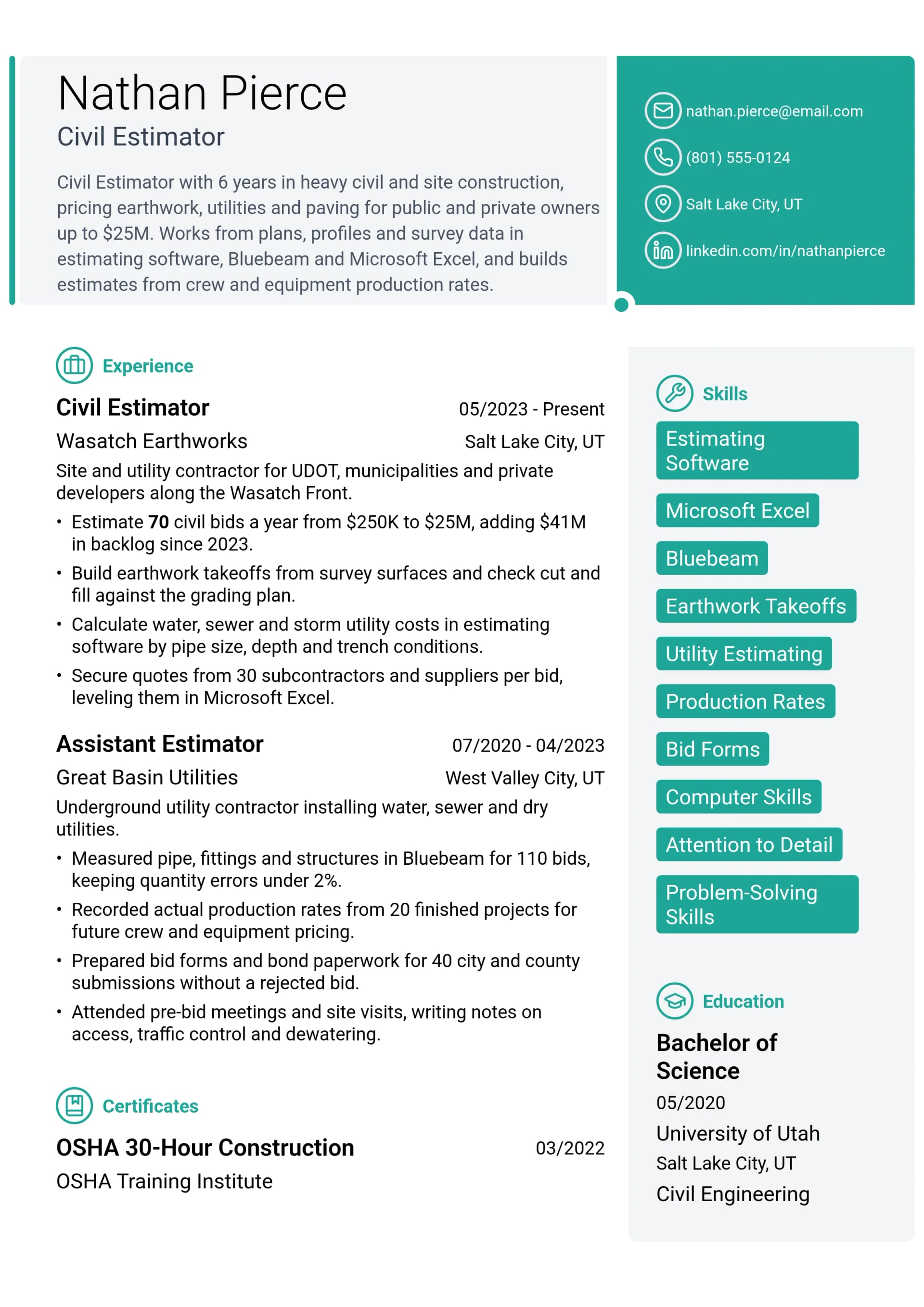 Civil Estimator resume example