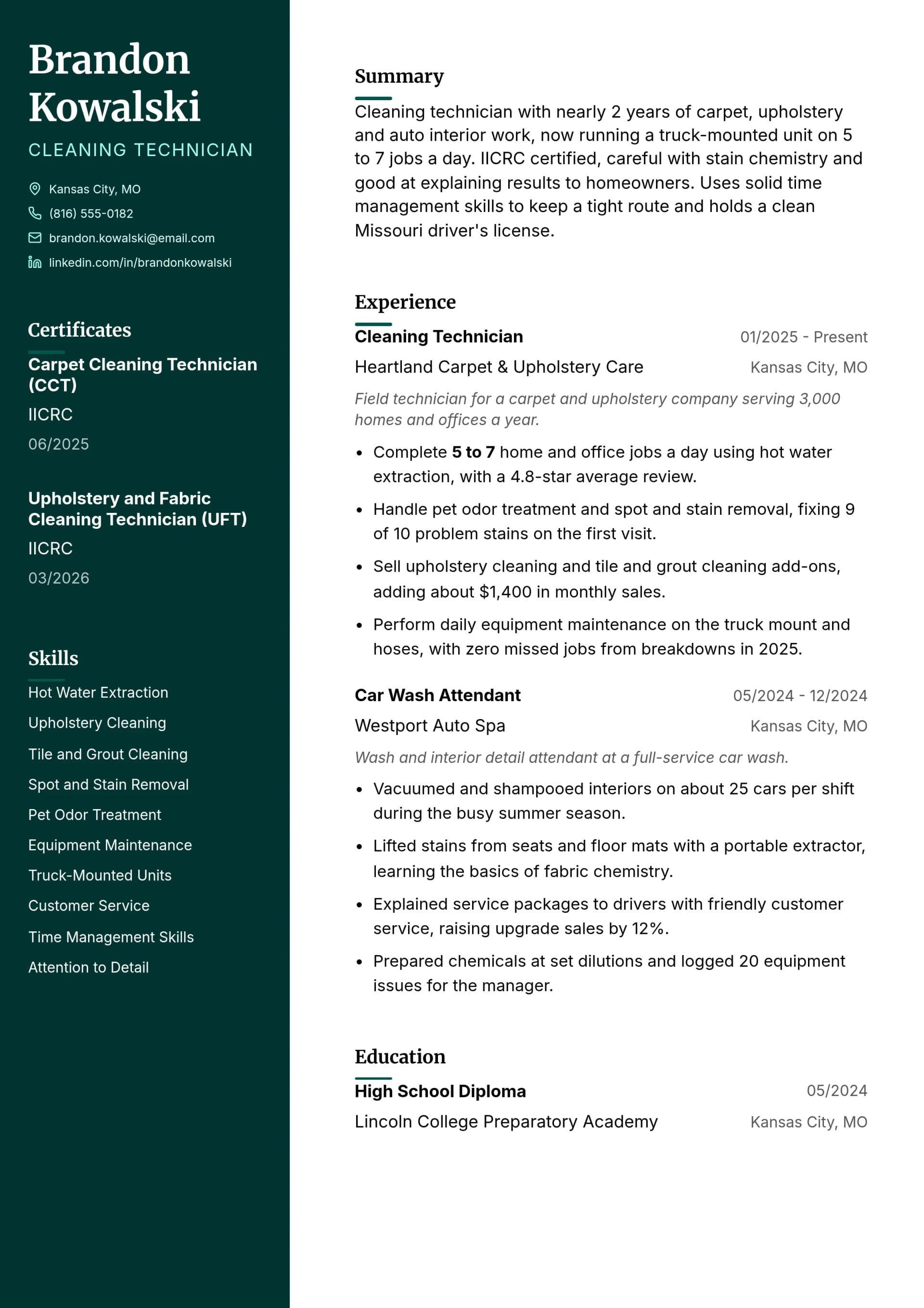 Cleaning Technician resume example