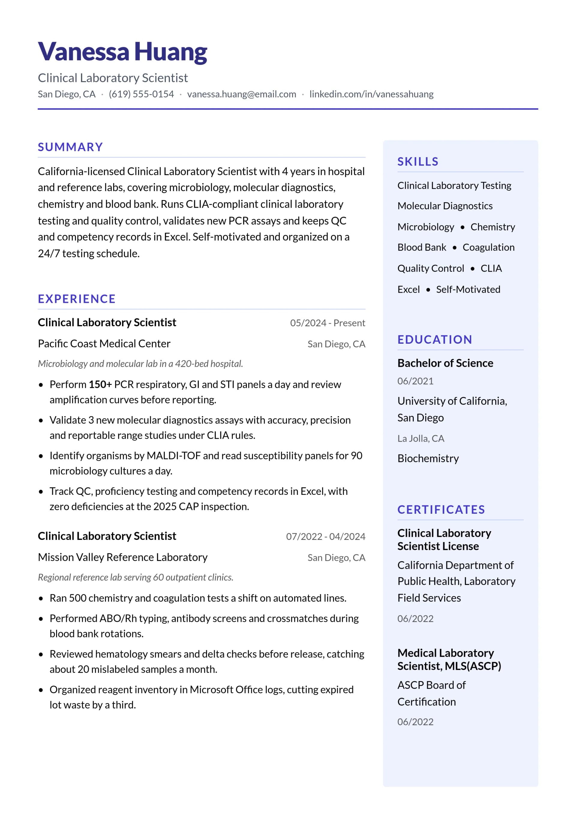 Clinical Laboratory Scientist resume example