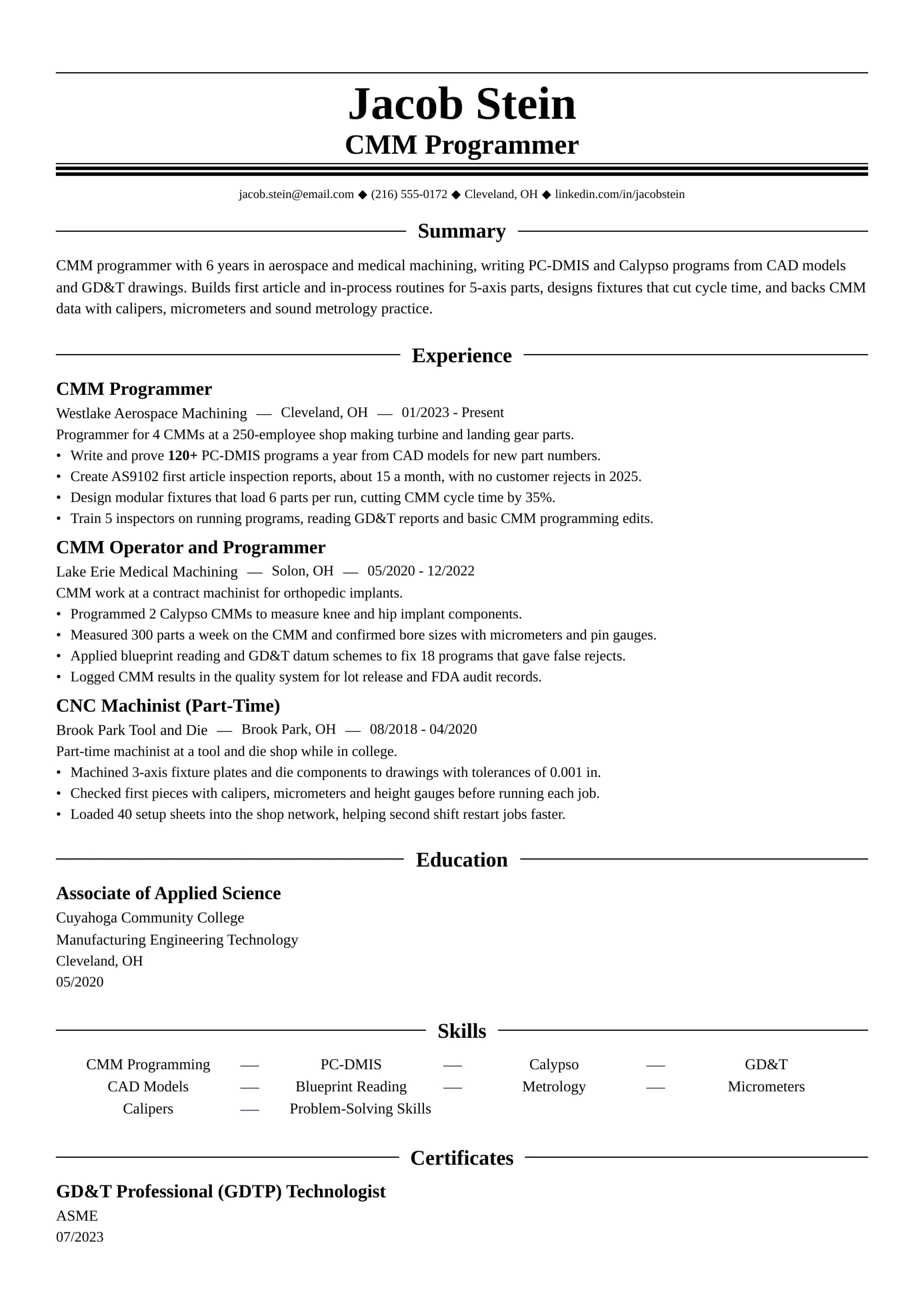 CMM Programmer resume example