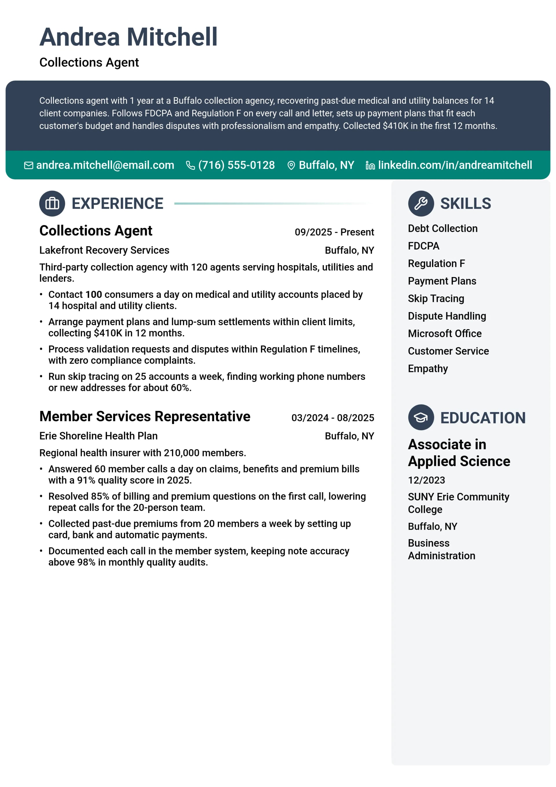 Collections Agent resume example
