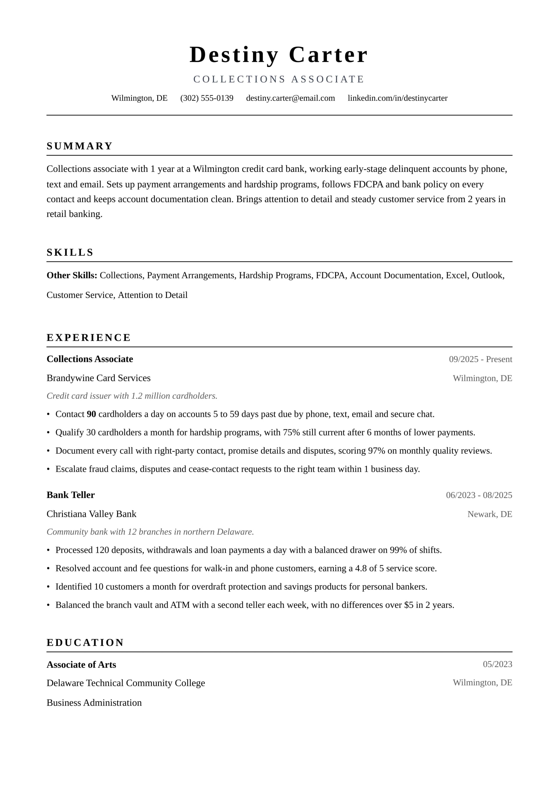 Collections Associate resume example