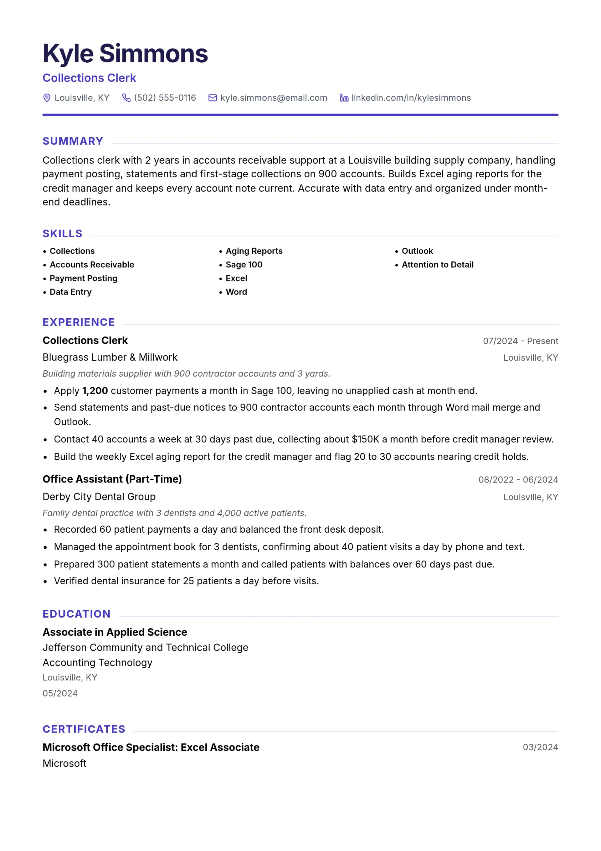 Collections Clerk resume example