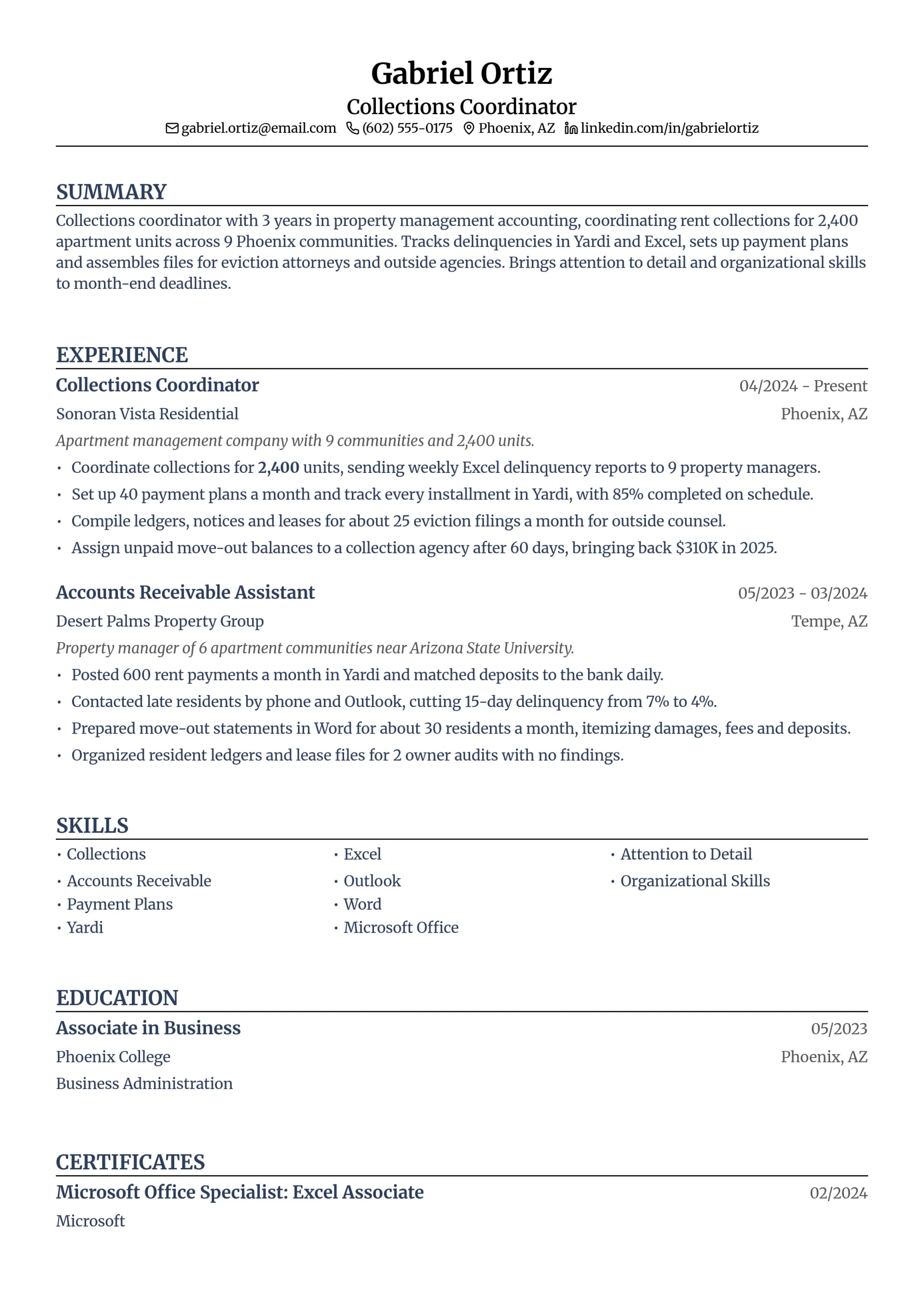 Collections Coordinator resume example