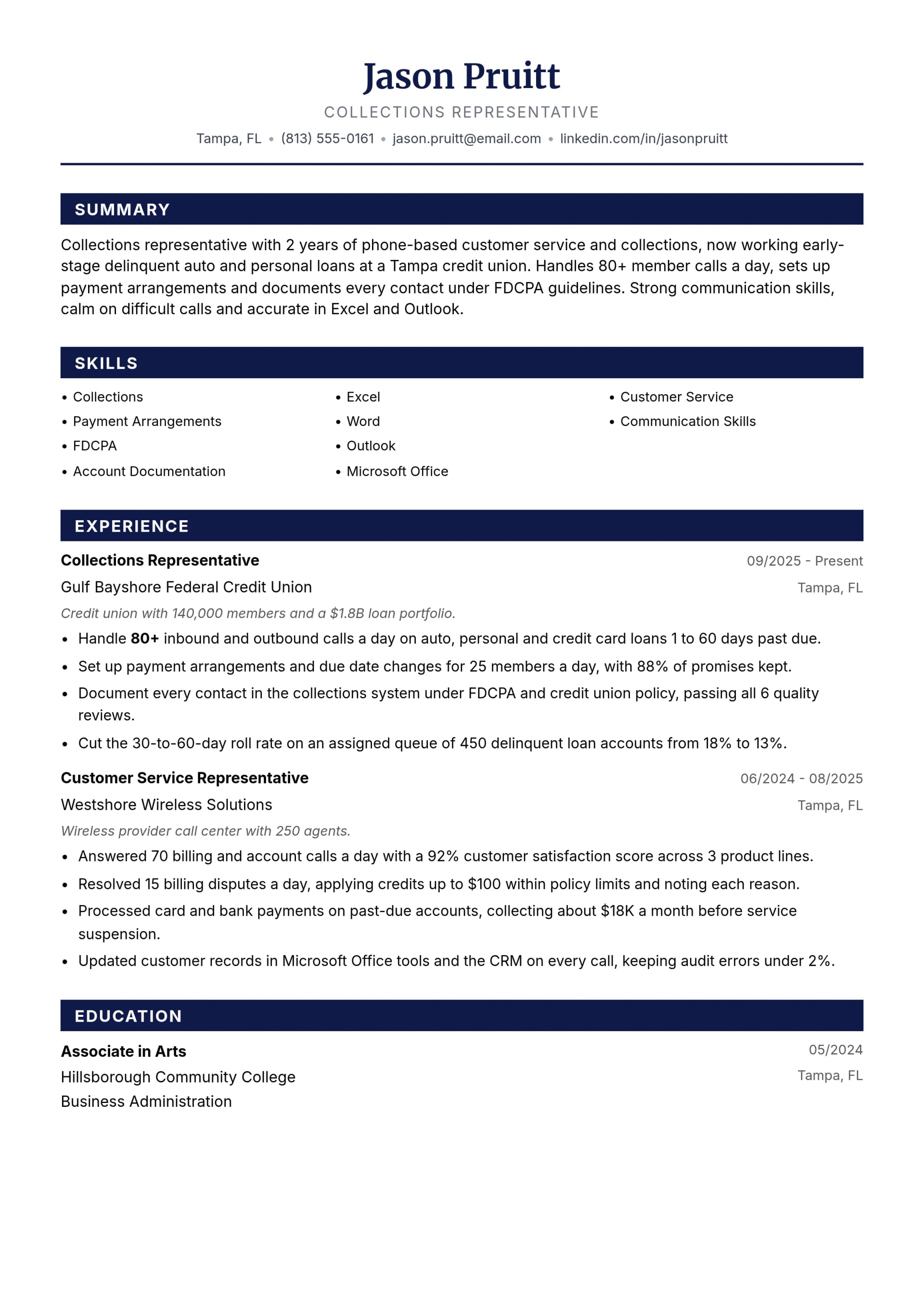 Collections Representative resume example