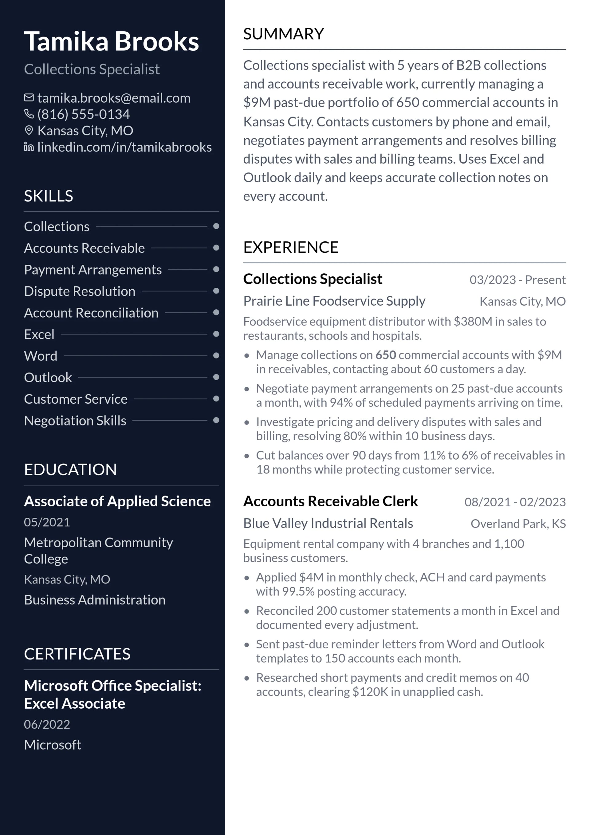 Collections Specialist resume example