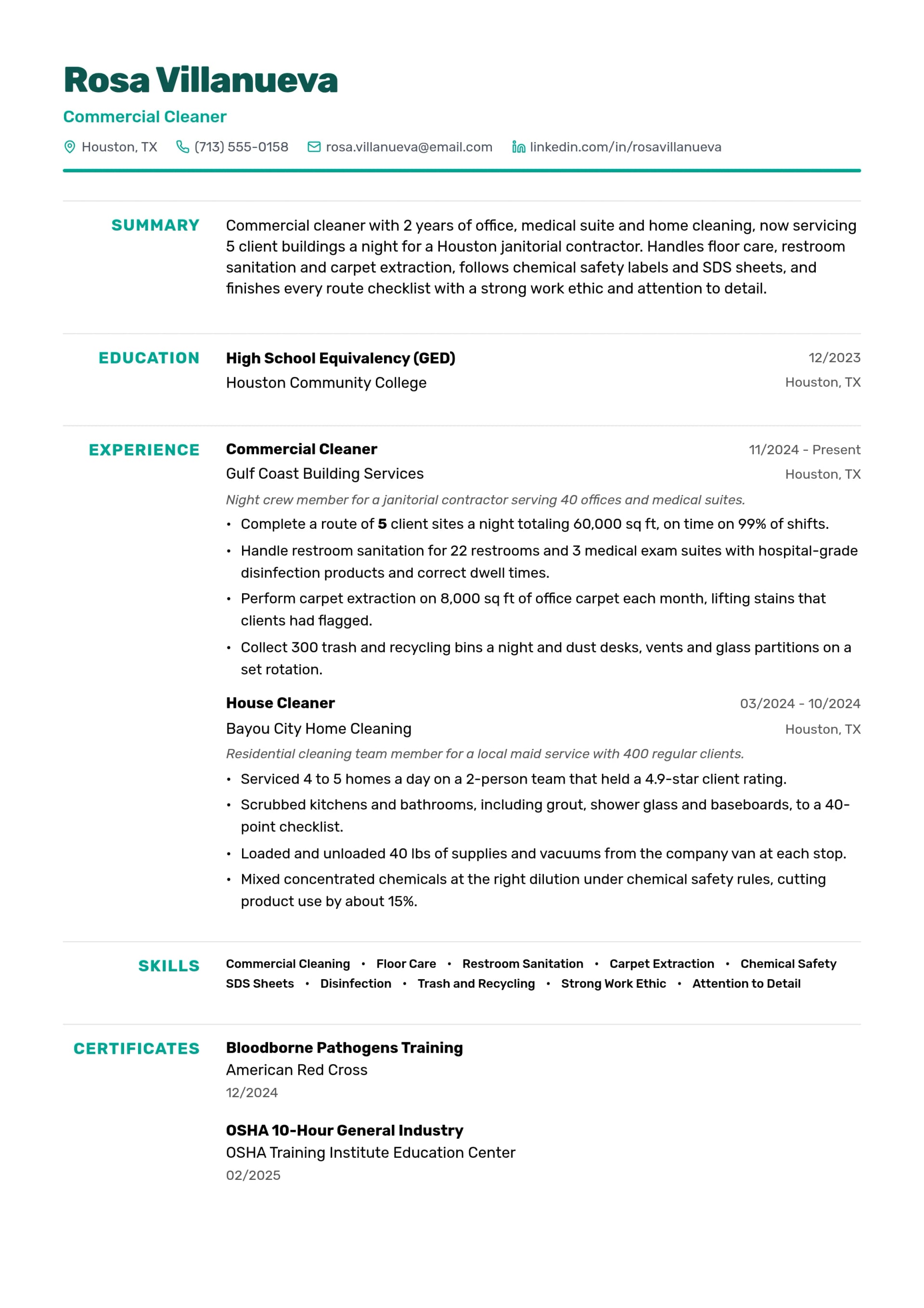 Commercial Cleaner resume example