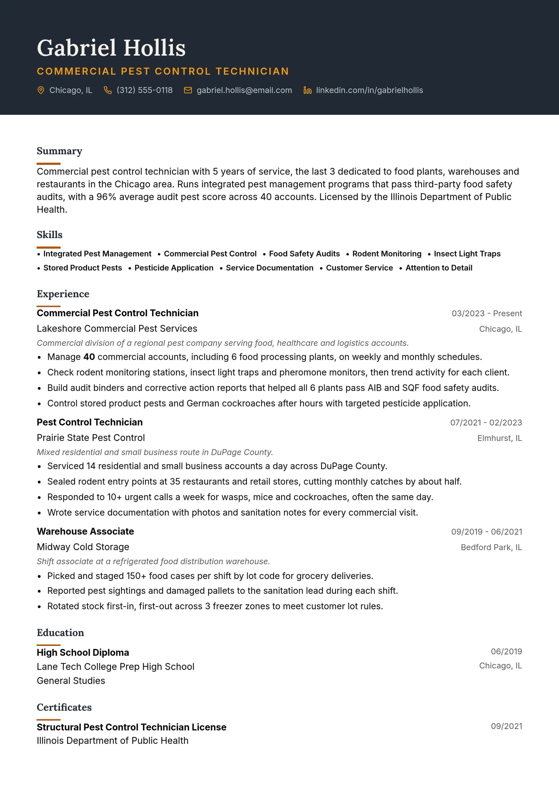 Commercial Pest Control Technician resume example