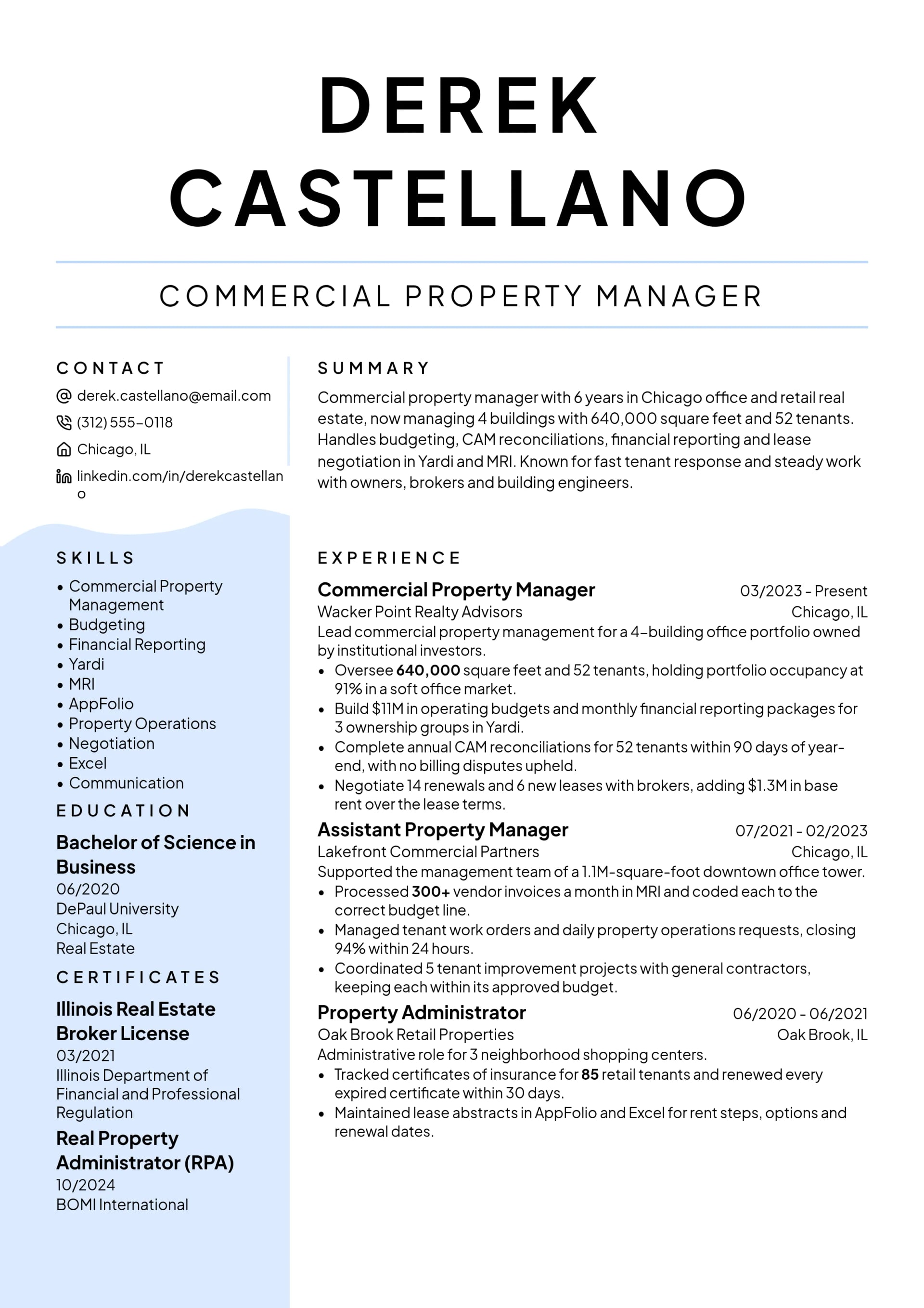 Commercial Property Manager resume example