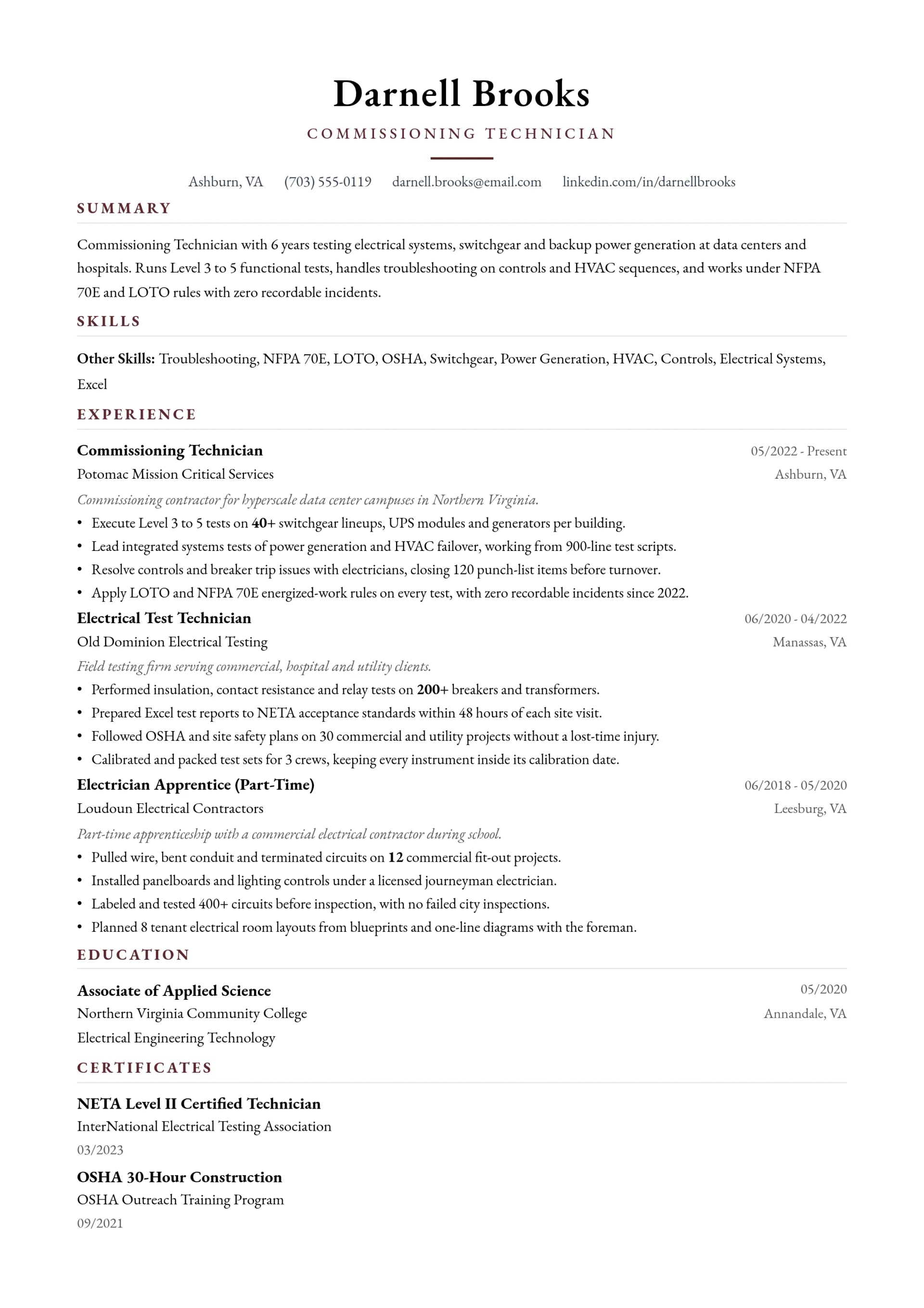 Commissioning Technician resume example