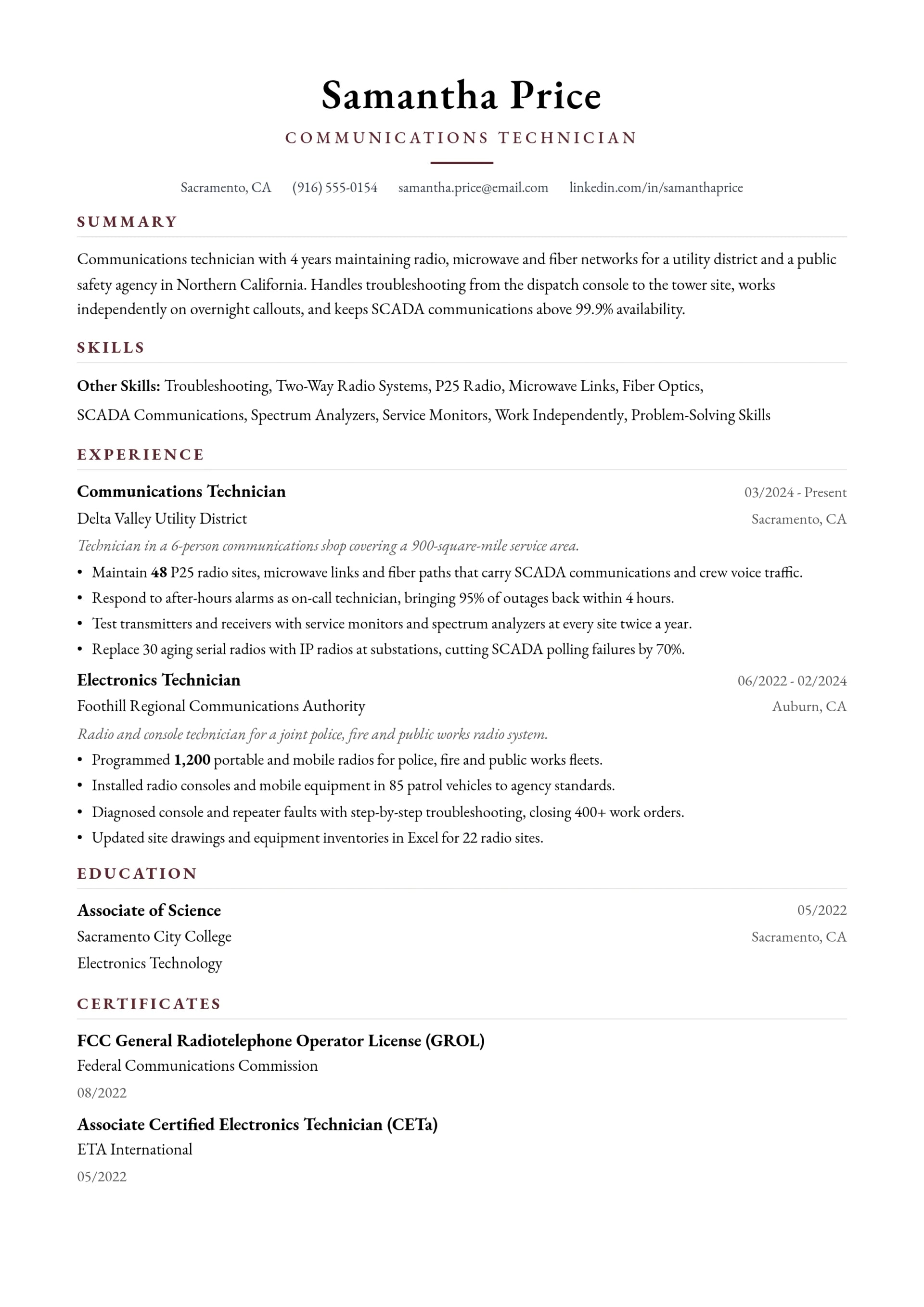 Communications Technician resume example