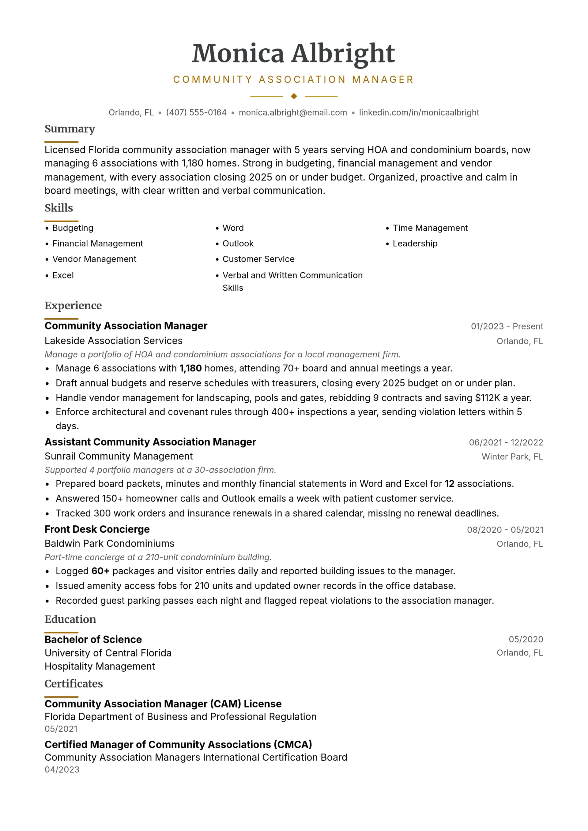 Community Association Manager resume example