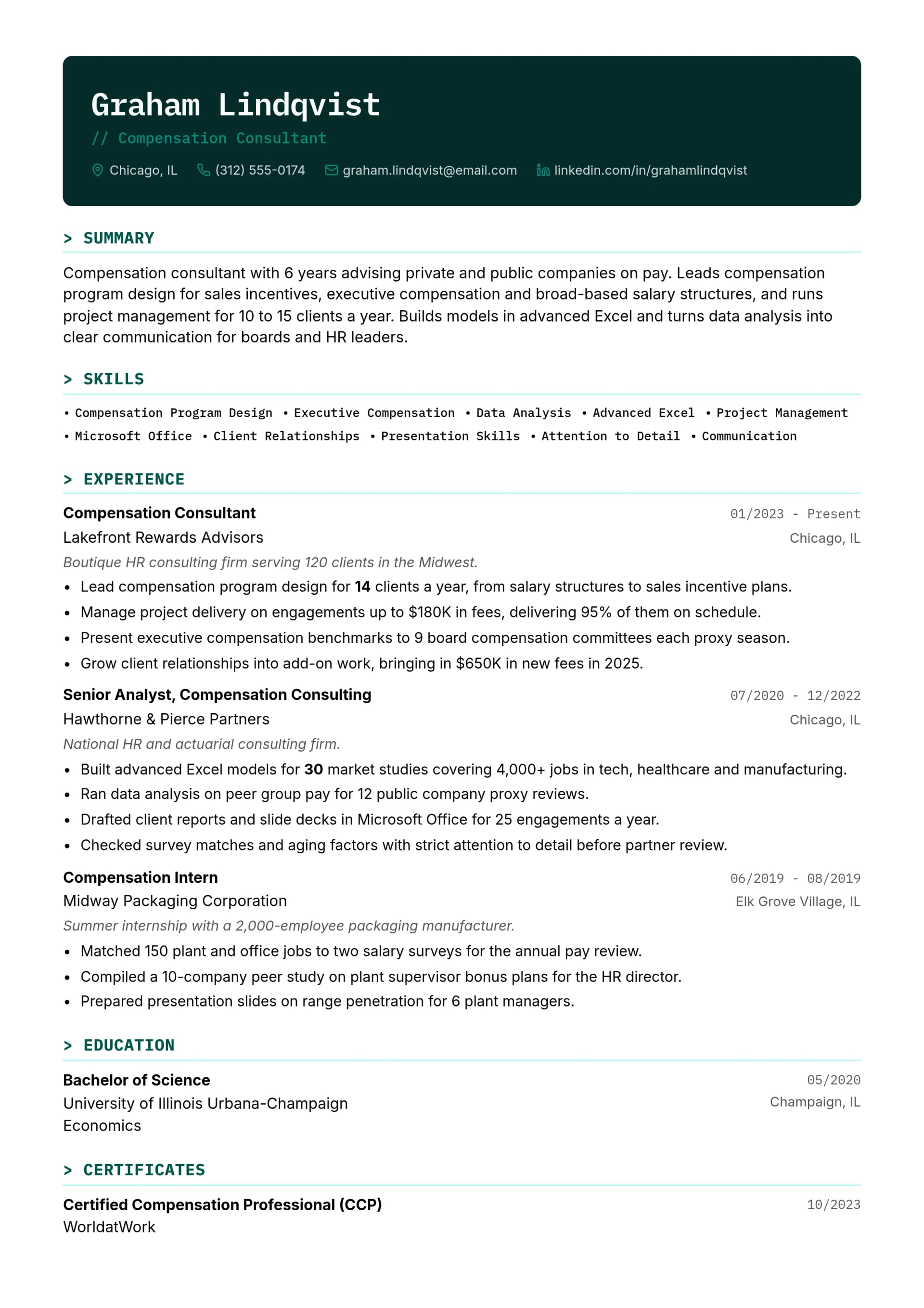 Compensation Consultant resume example