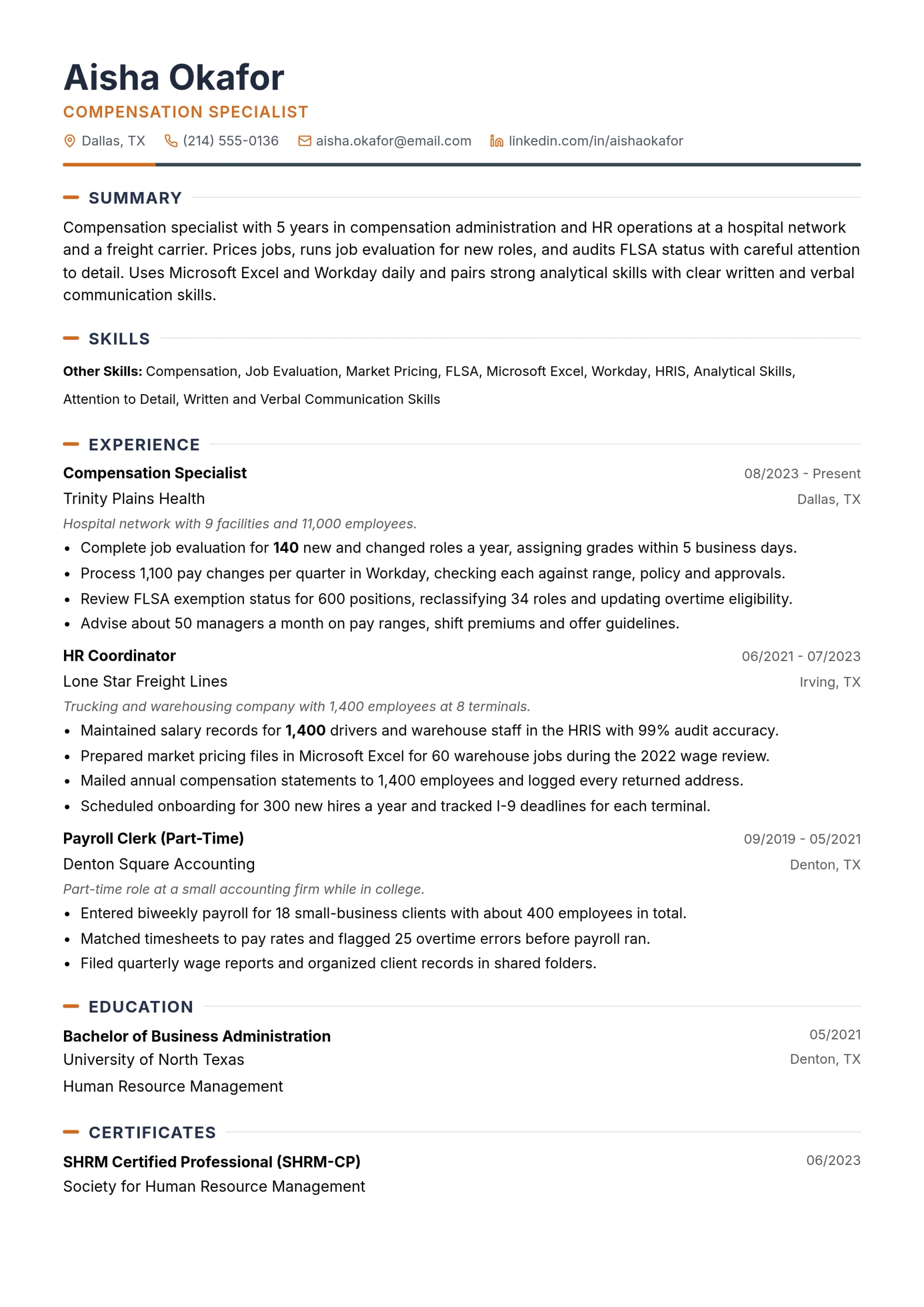 Compensation Specialist resume example