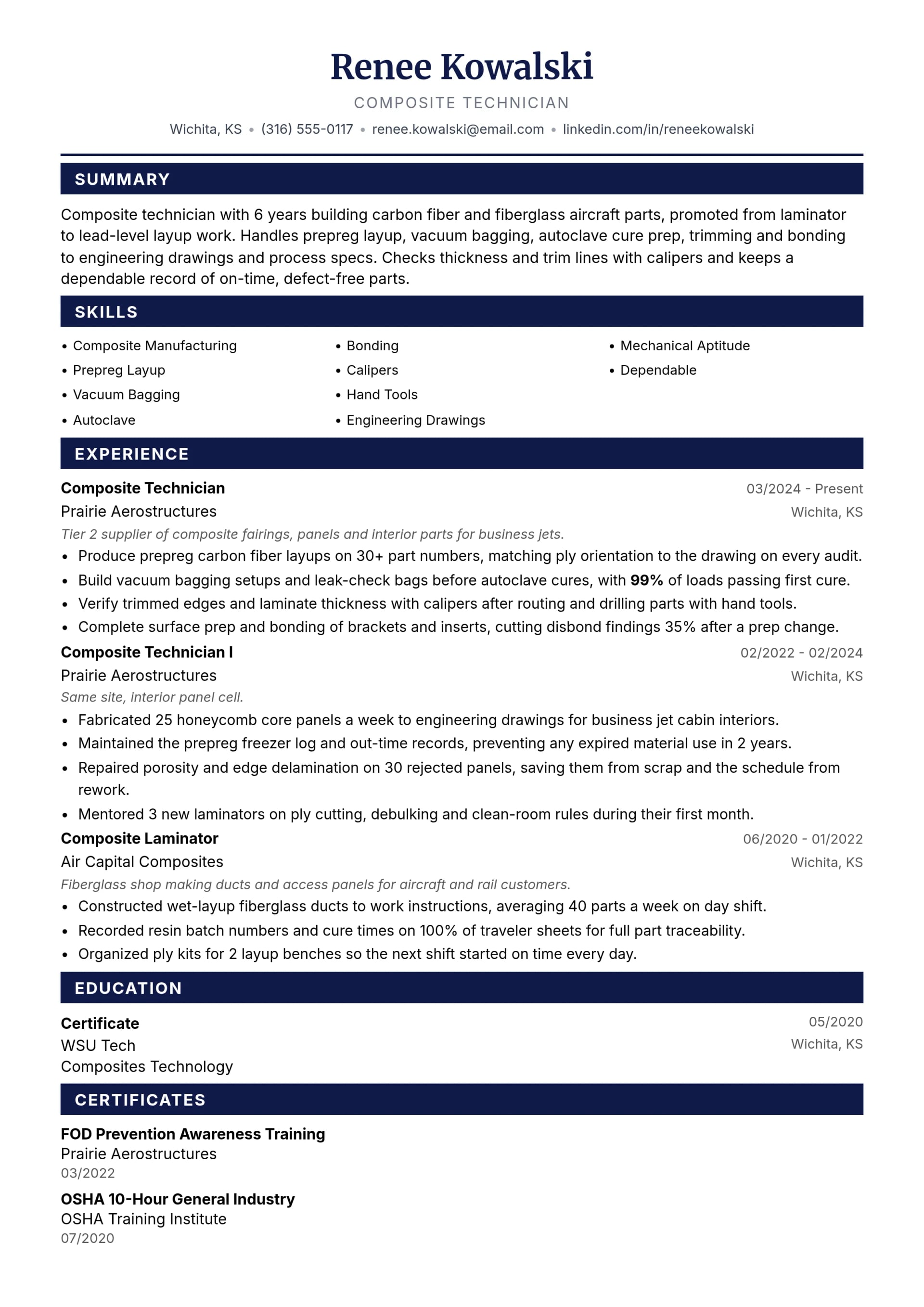 Composite Technician resume example