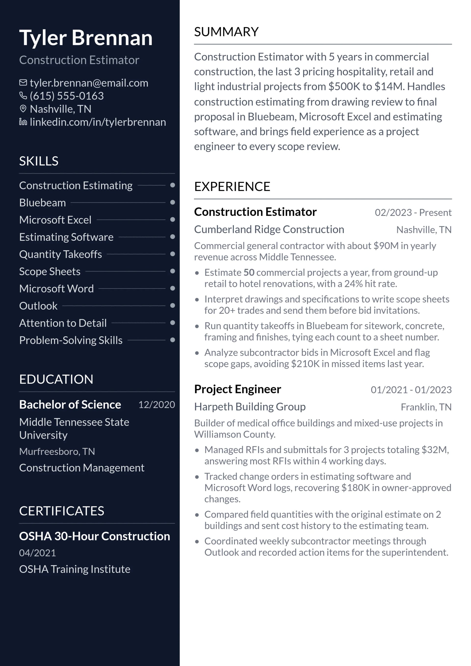 Construction Estimator resume example