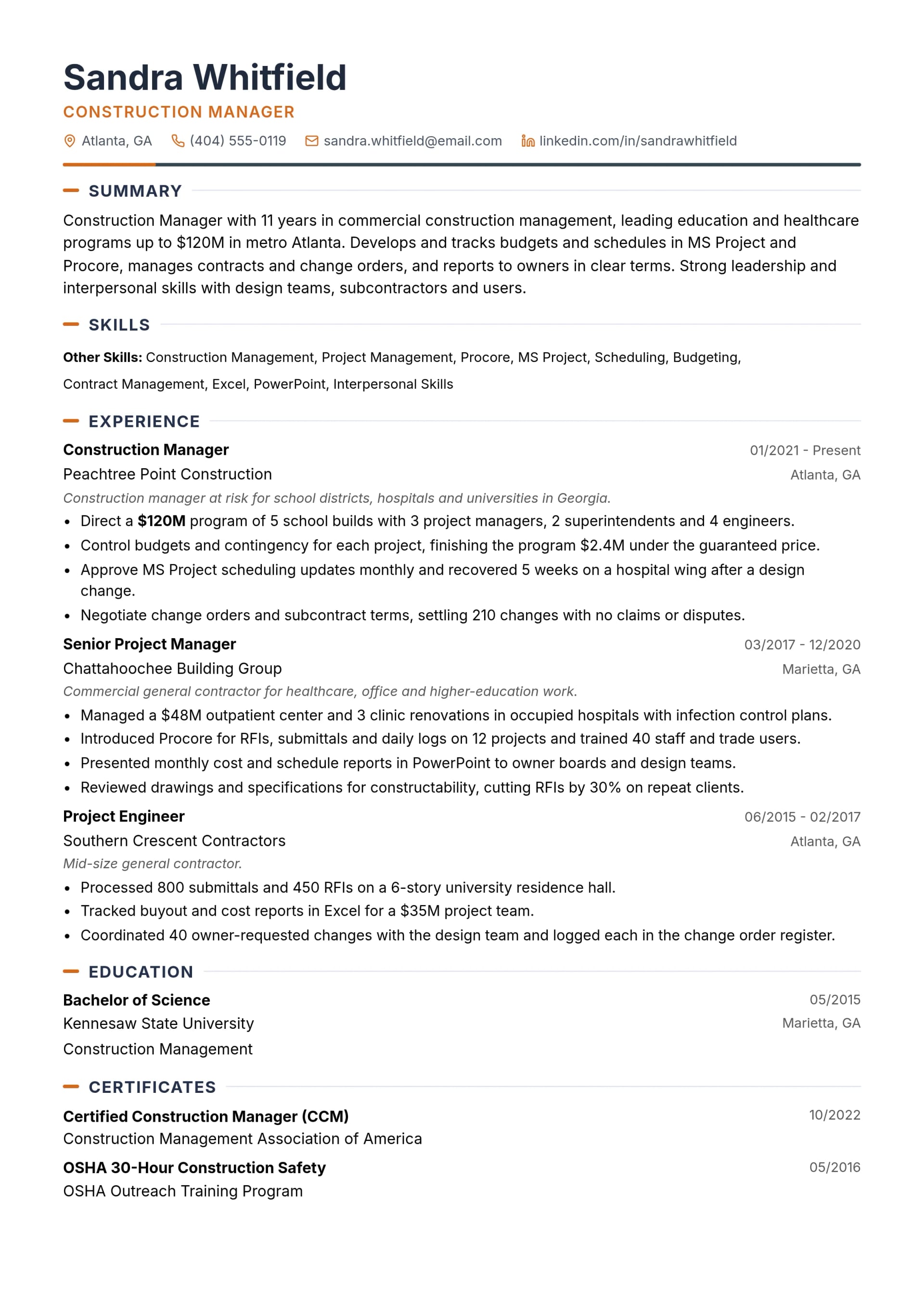 Construction Manager Resume Examples for 2026 (12 Samples)