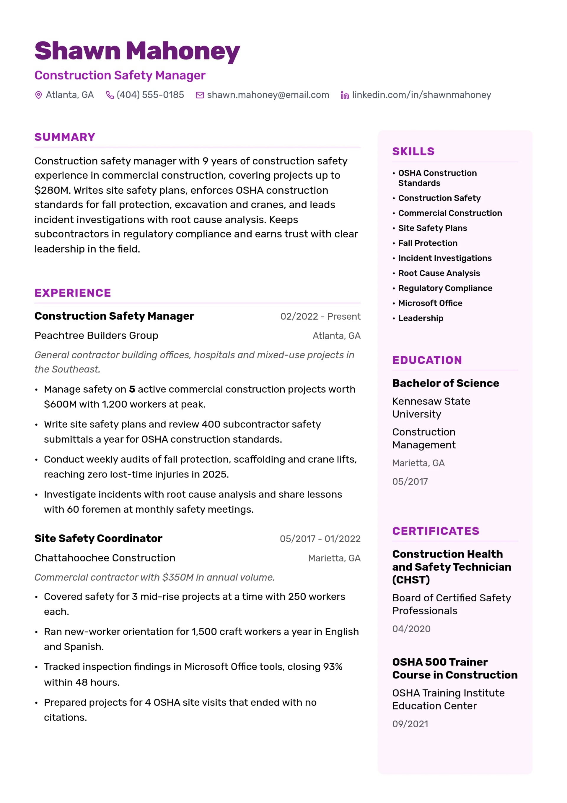 Construction Safety Manager resume example
