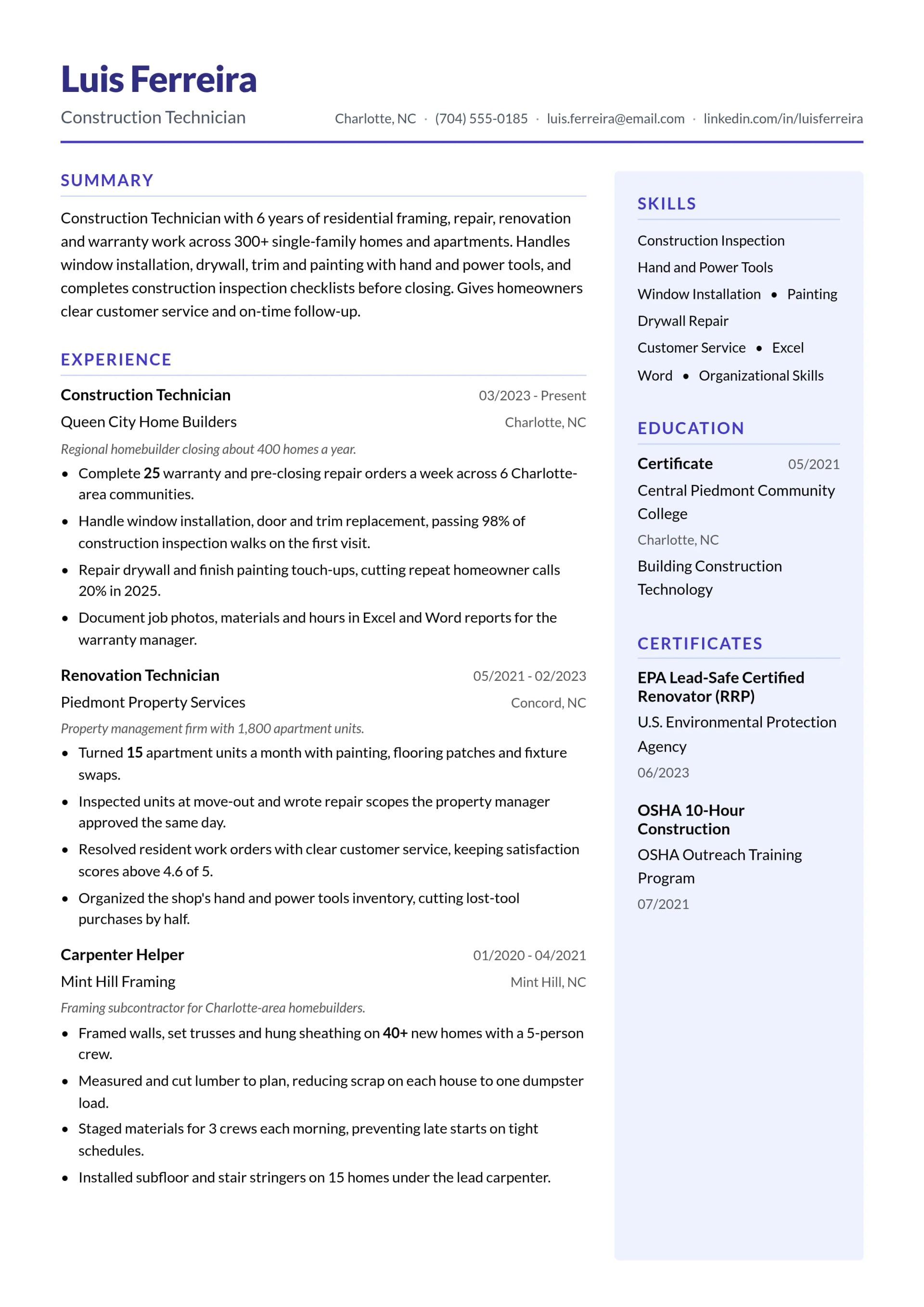 Construction Technician resume example