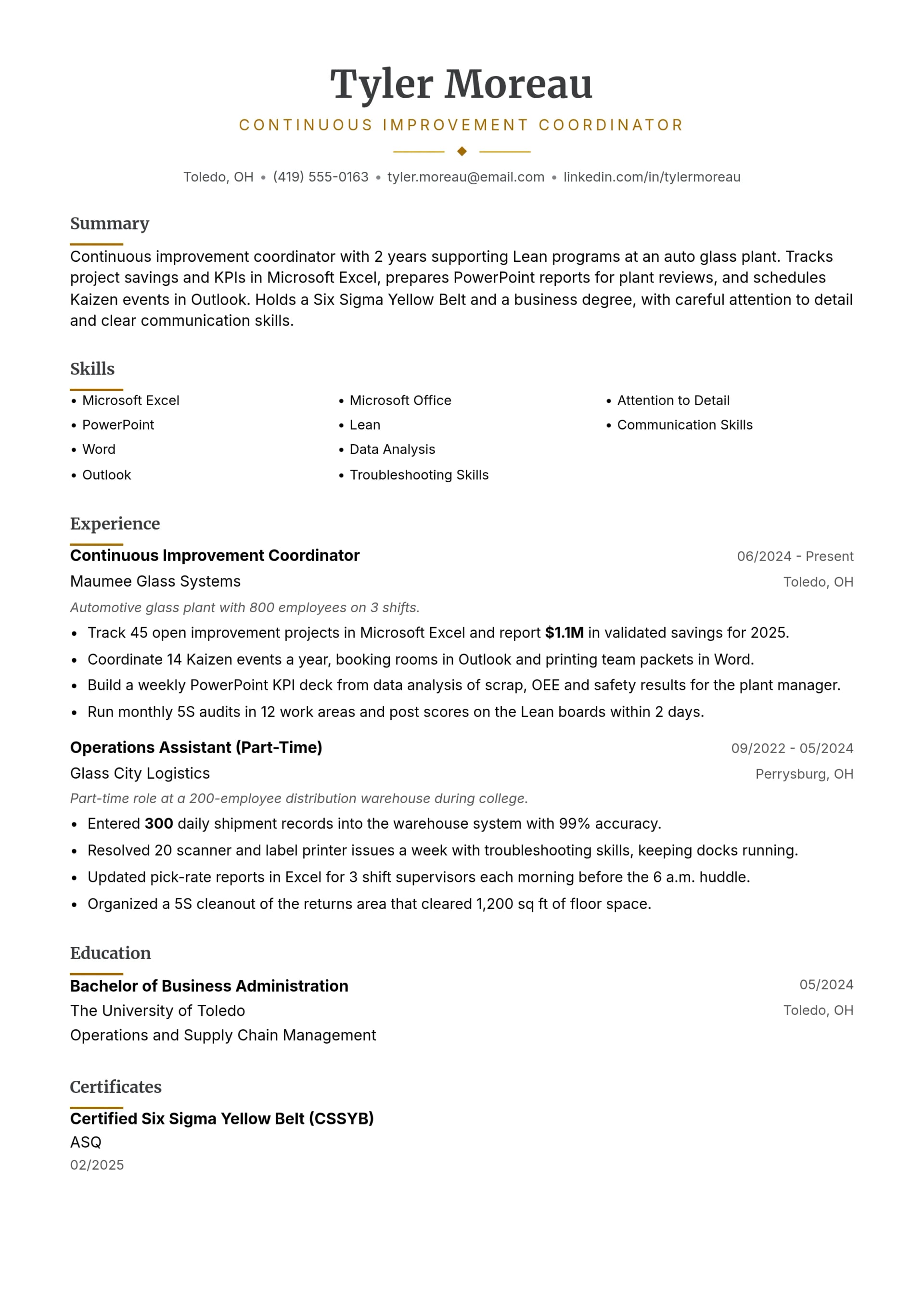 Continuous Improvement Coordinator resume example