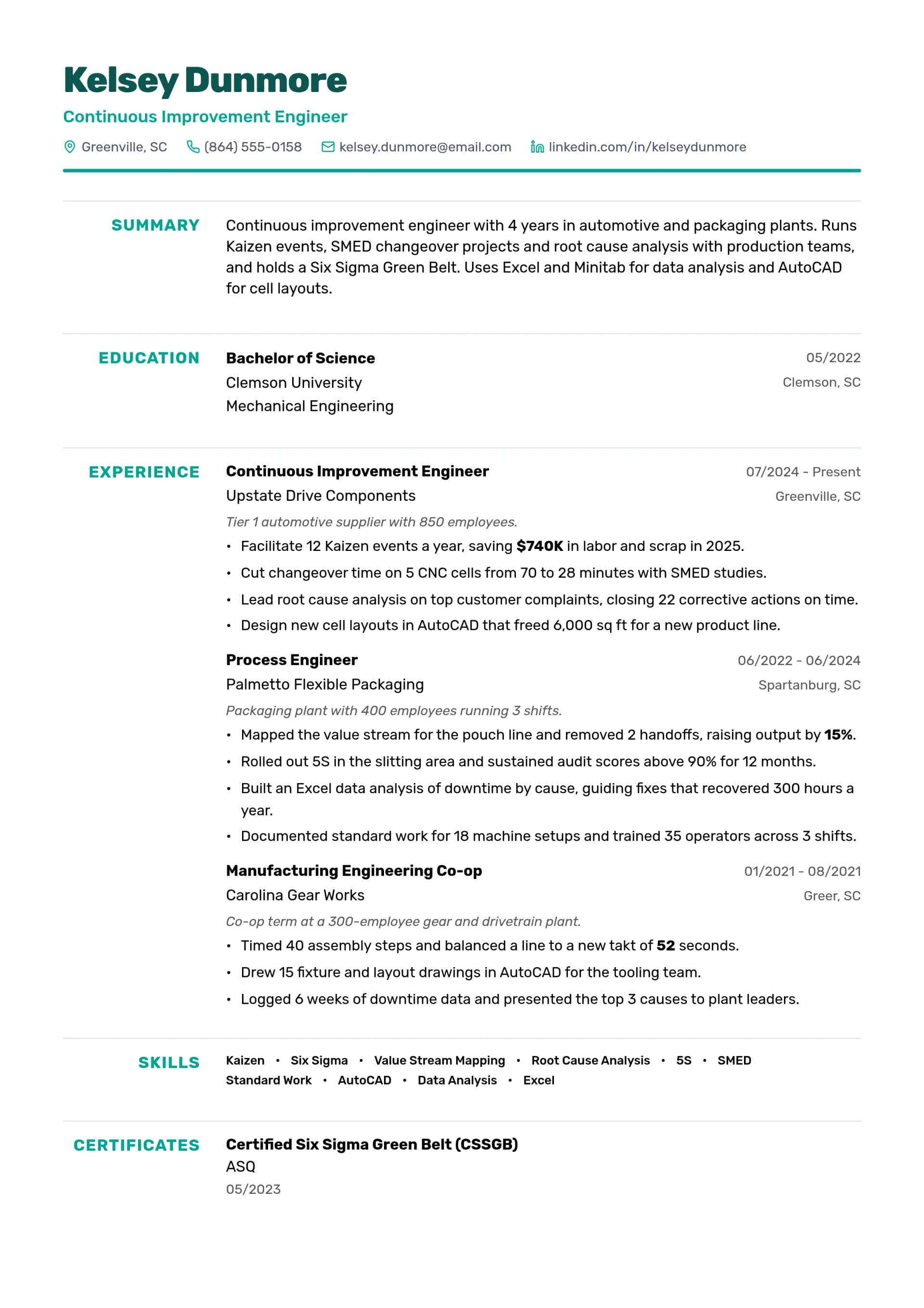 Continuous Improvement Engineer resume example