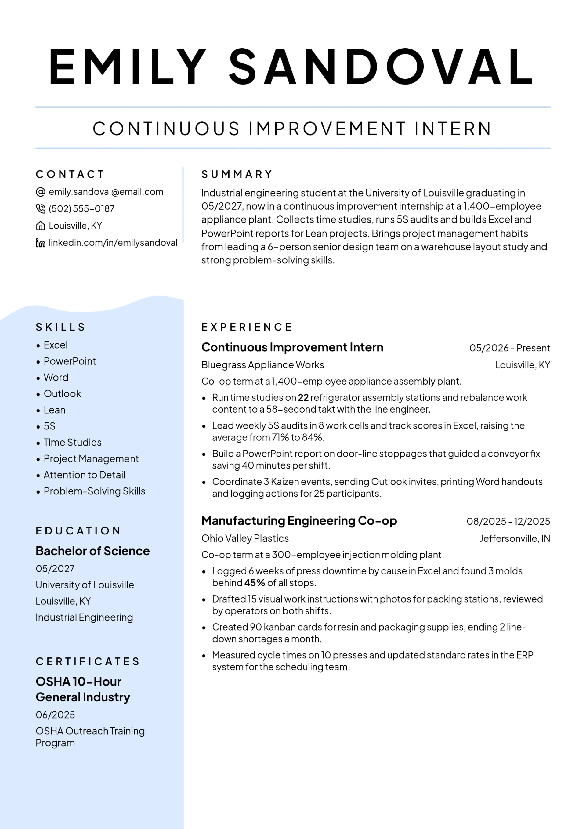 Continuous Improvement Intern resume example