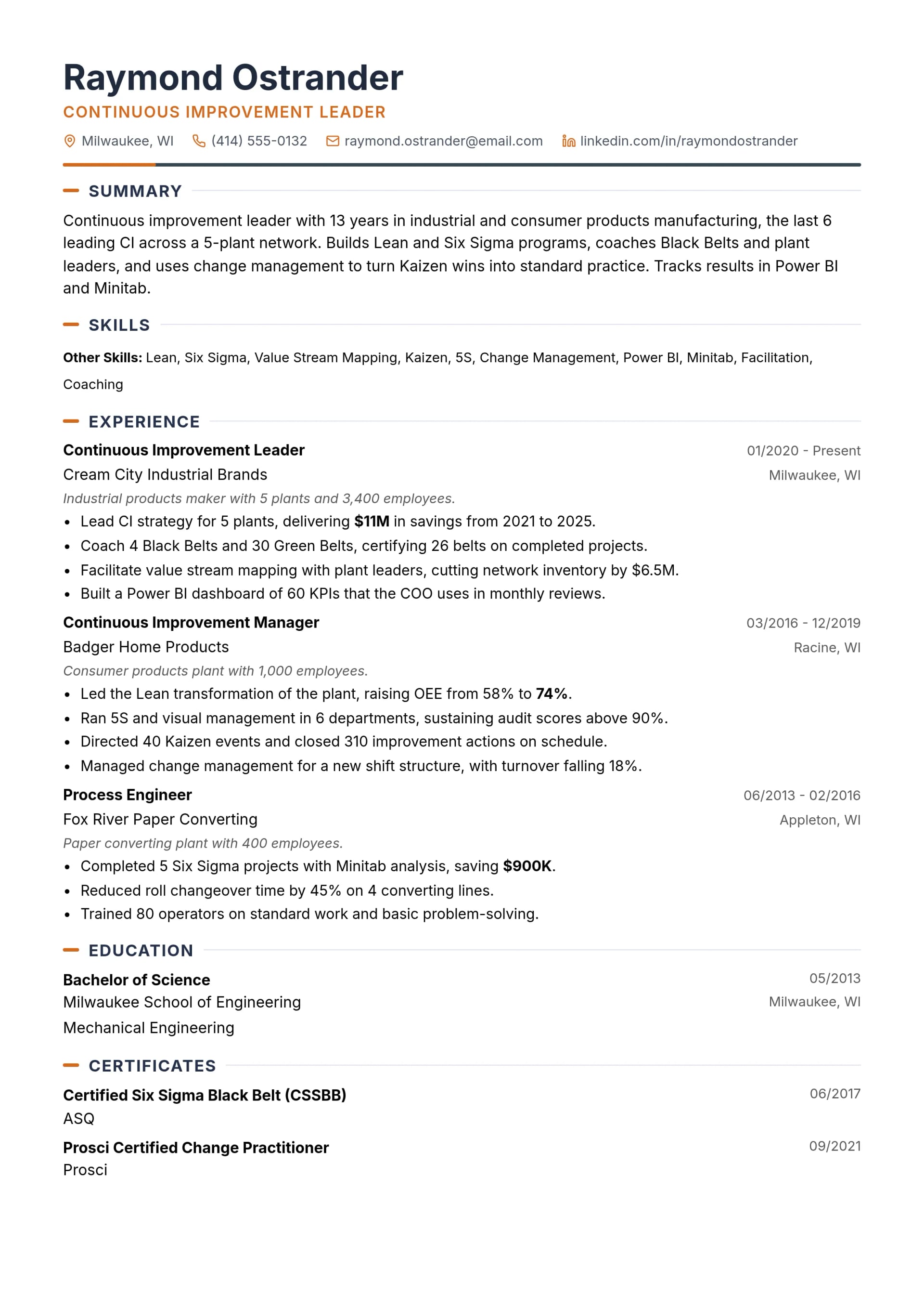 Continuous Improvement Leader resume example