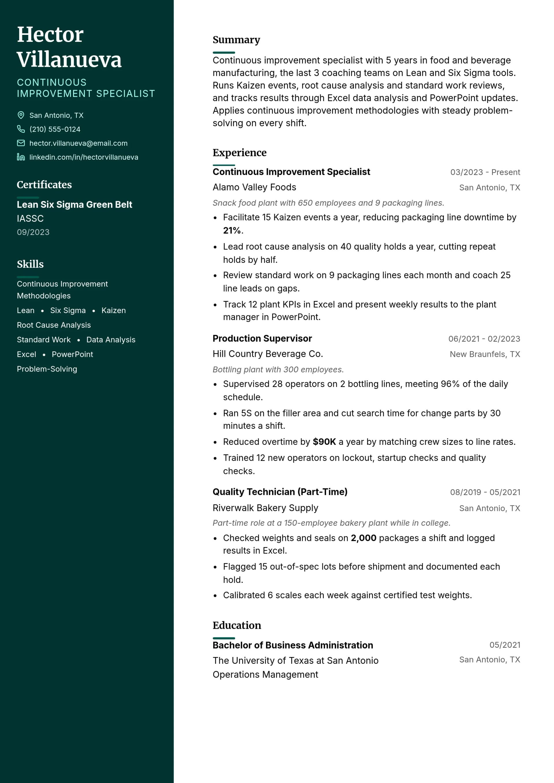 Continuous Improvement Specialist resume example