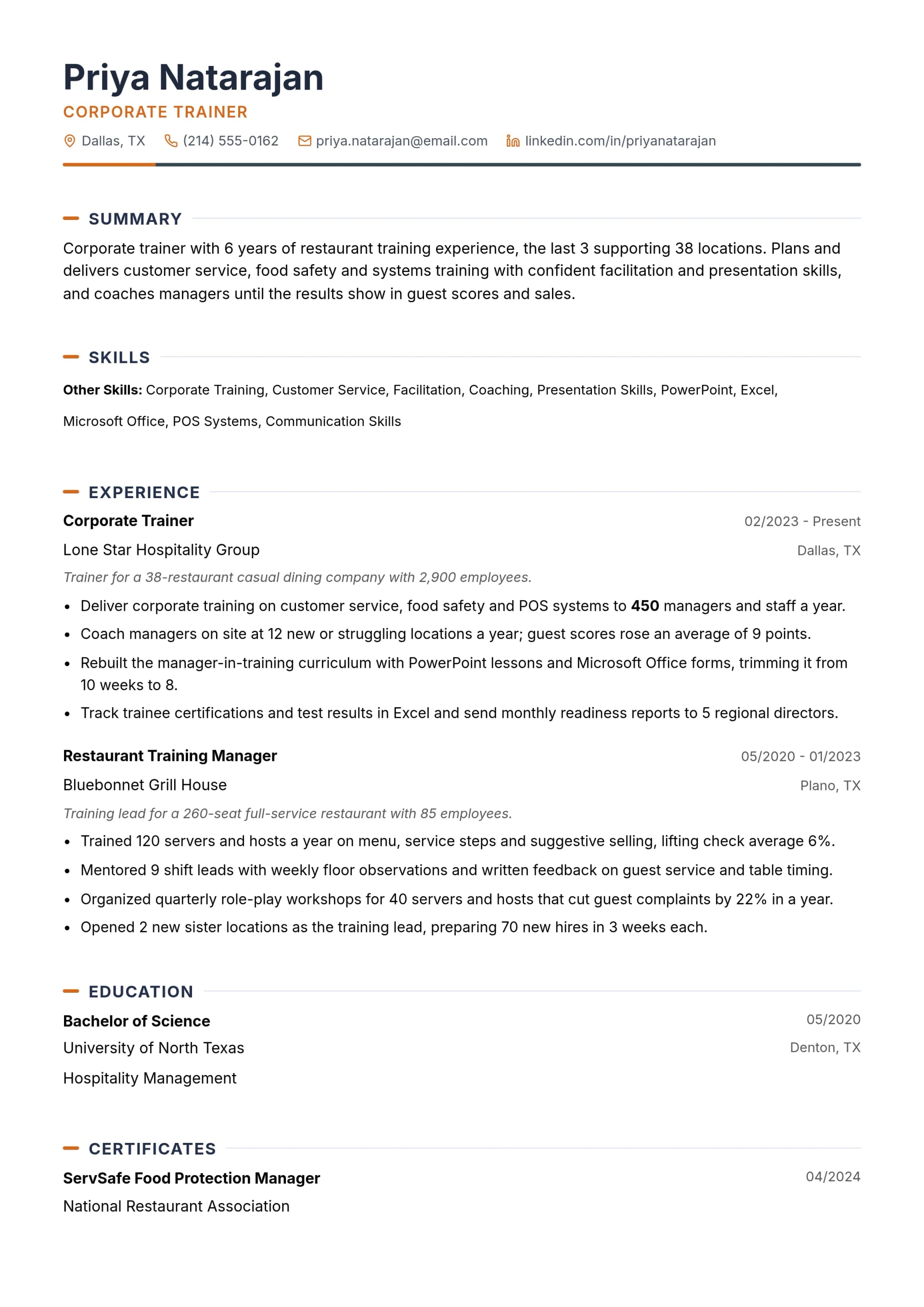 Corporate Trainer resume example