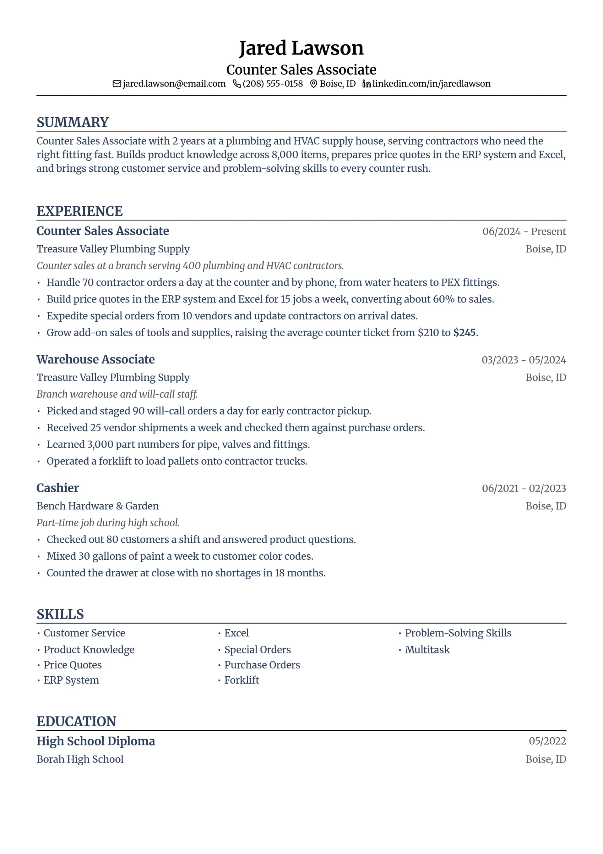Counter Sales Associate resume example