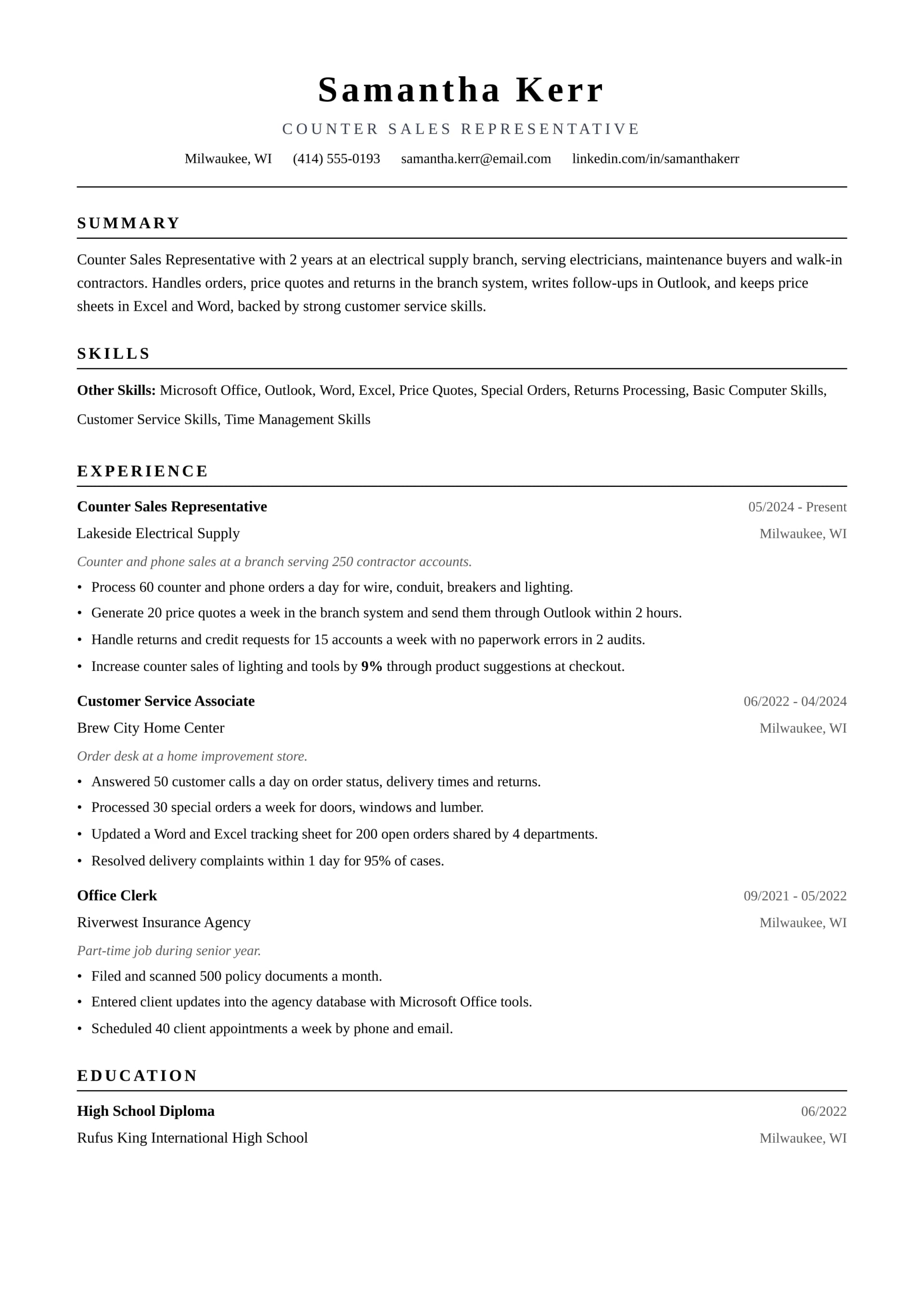 Counter Sales Representative resume example