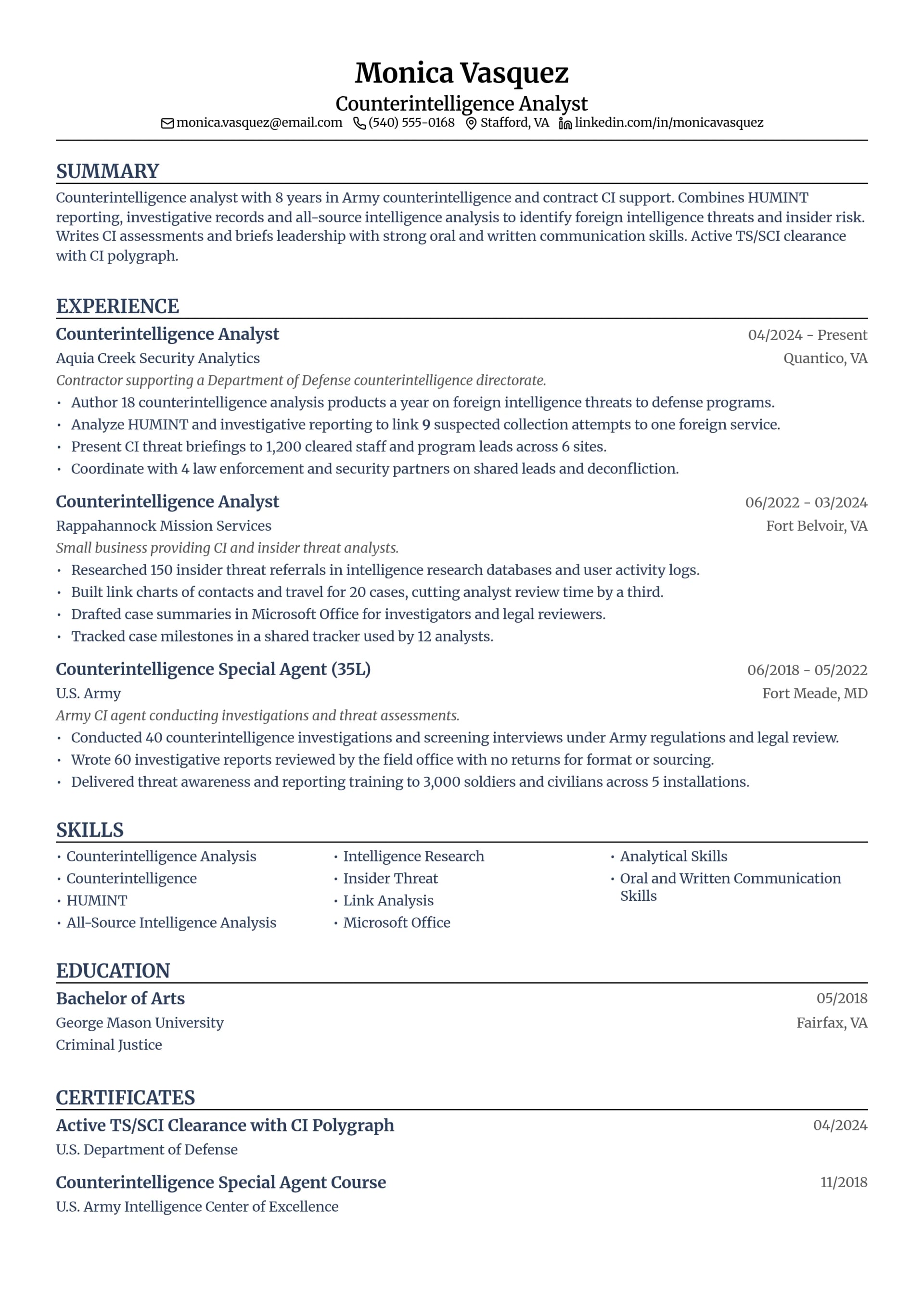 Counterintelligence Analyst resume example