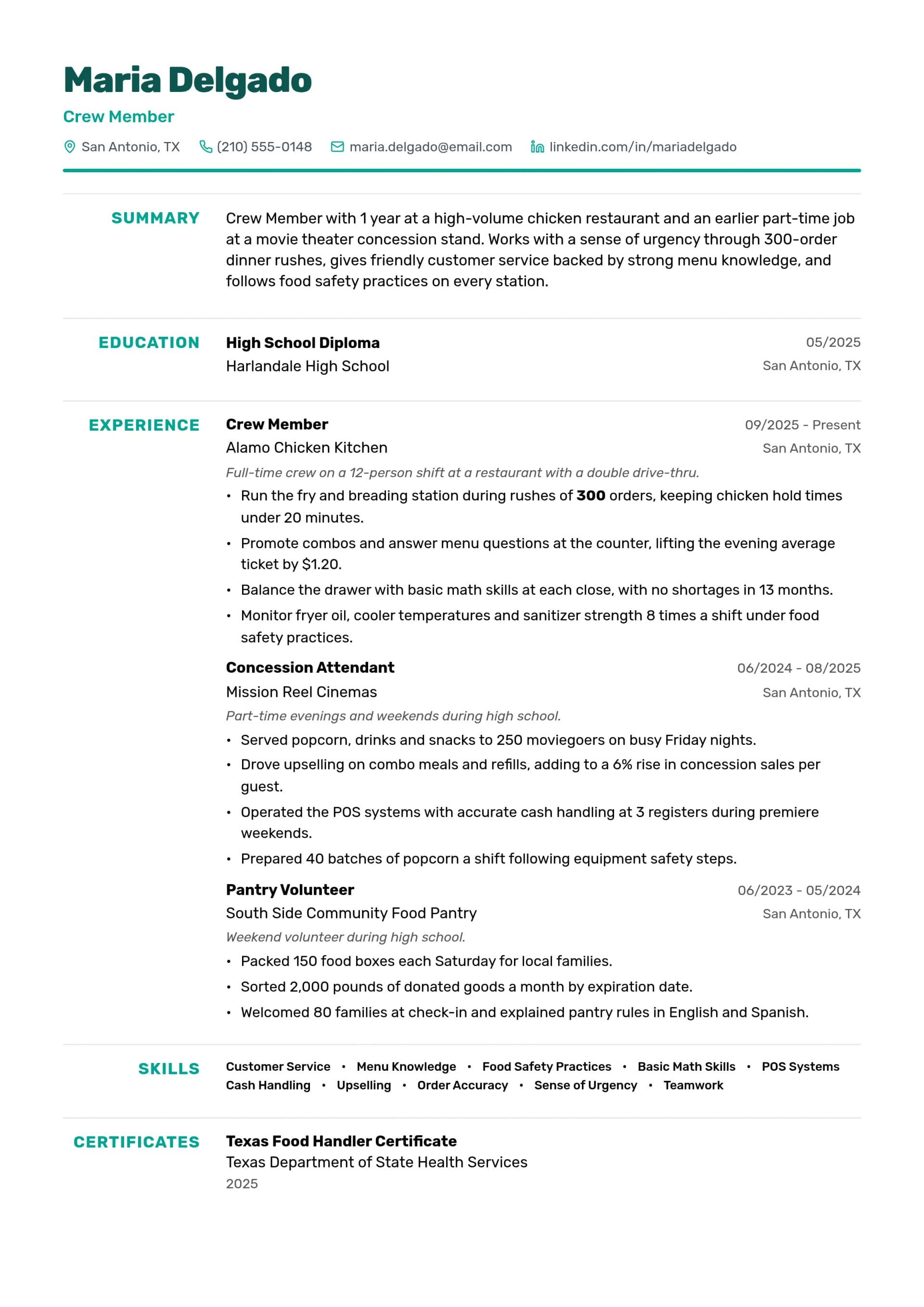 Crew Member resume example