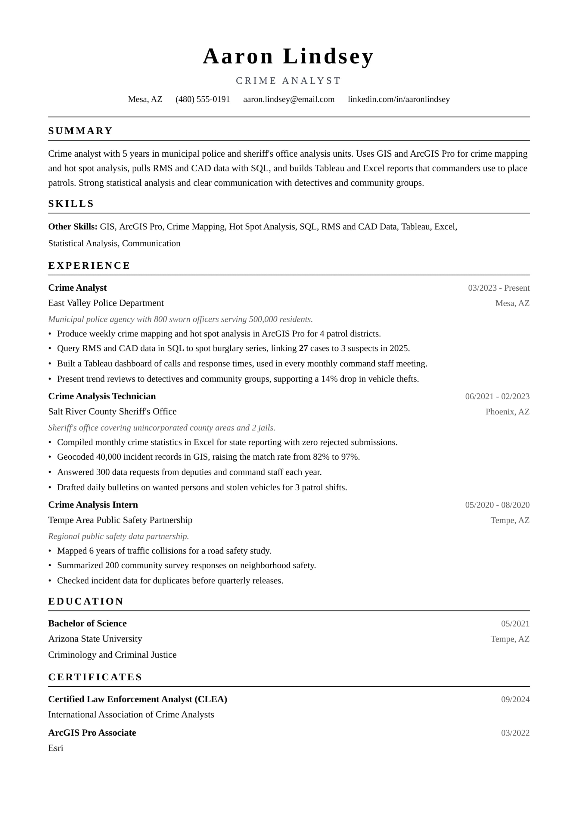 Crime Analyst resume example