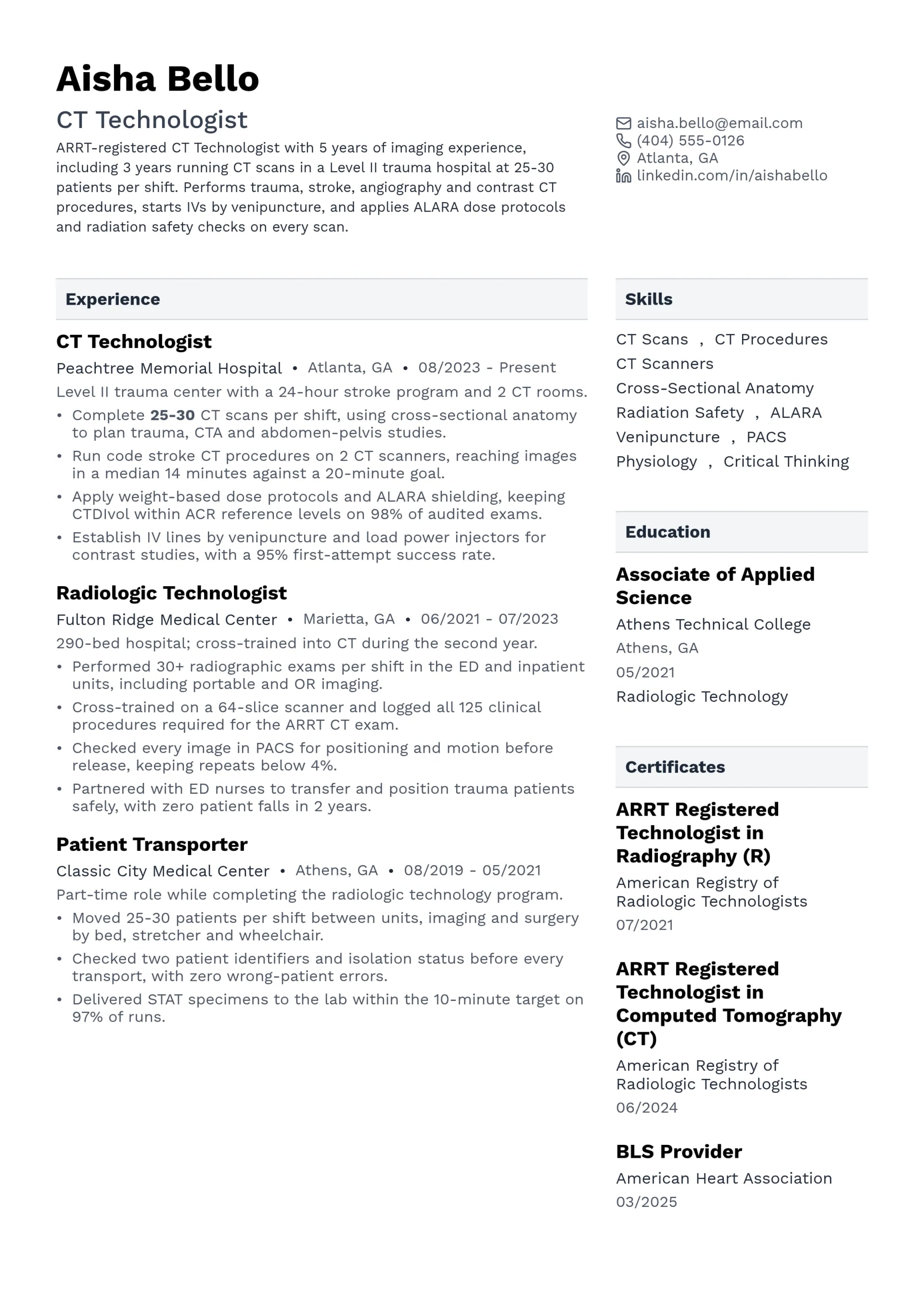 CT Technologist resume example