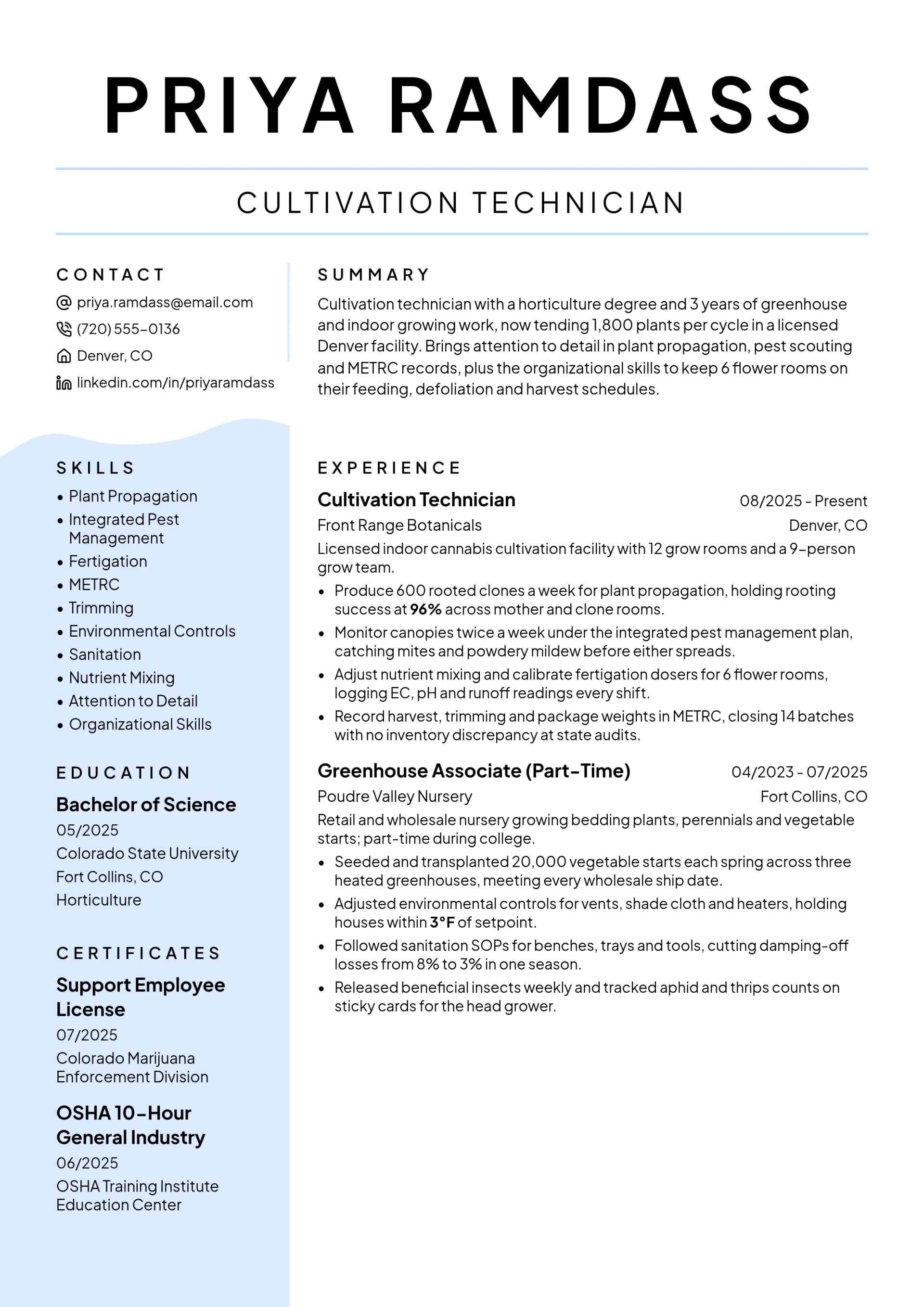Cultivation Technician resume example
