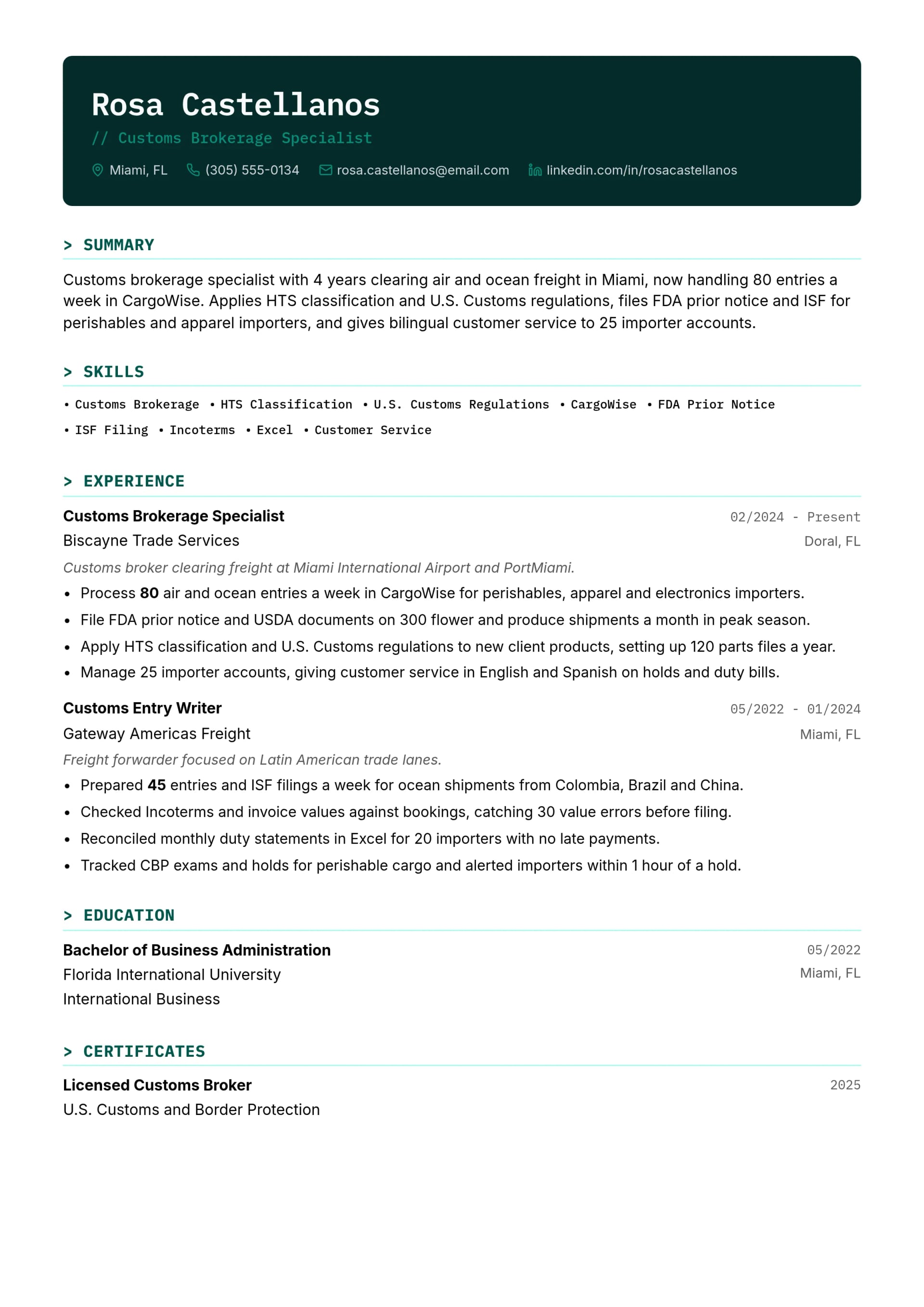 Customs Brokerage Specialist resume example
