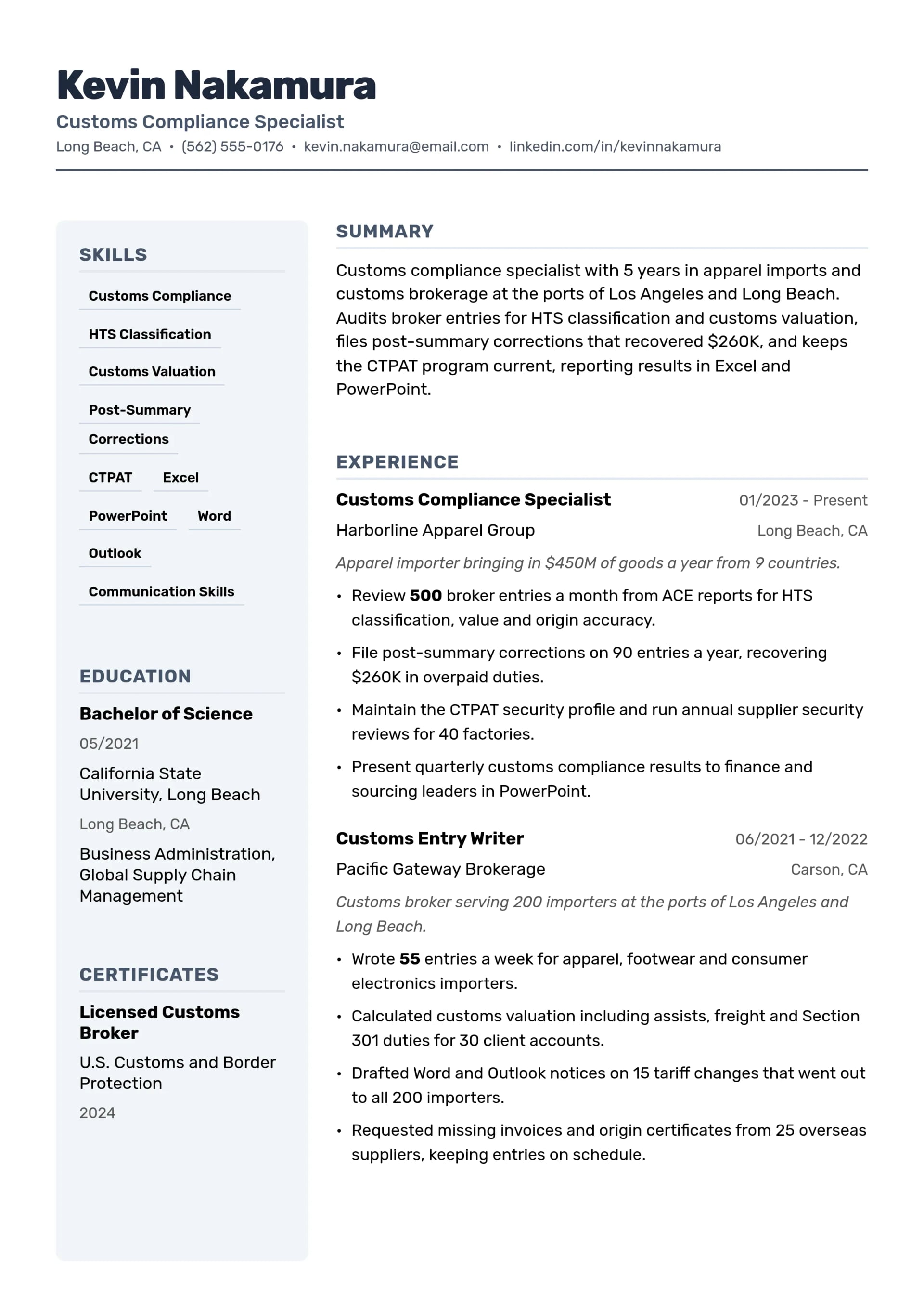 Customs Compliance Specialist resume example