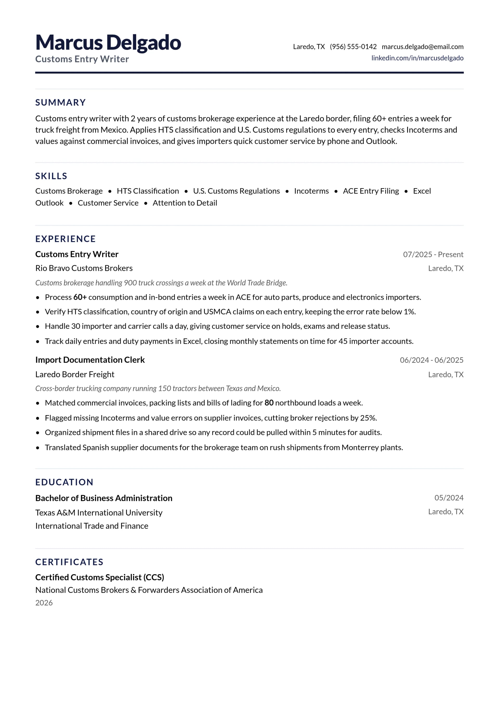 Customs Entry Writer resume example
