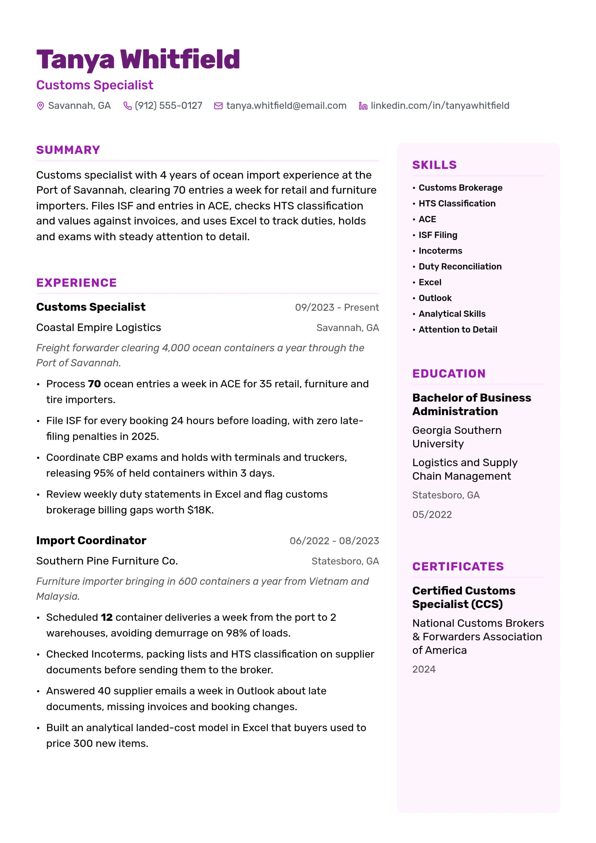 Customs Specialist resume example
