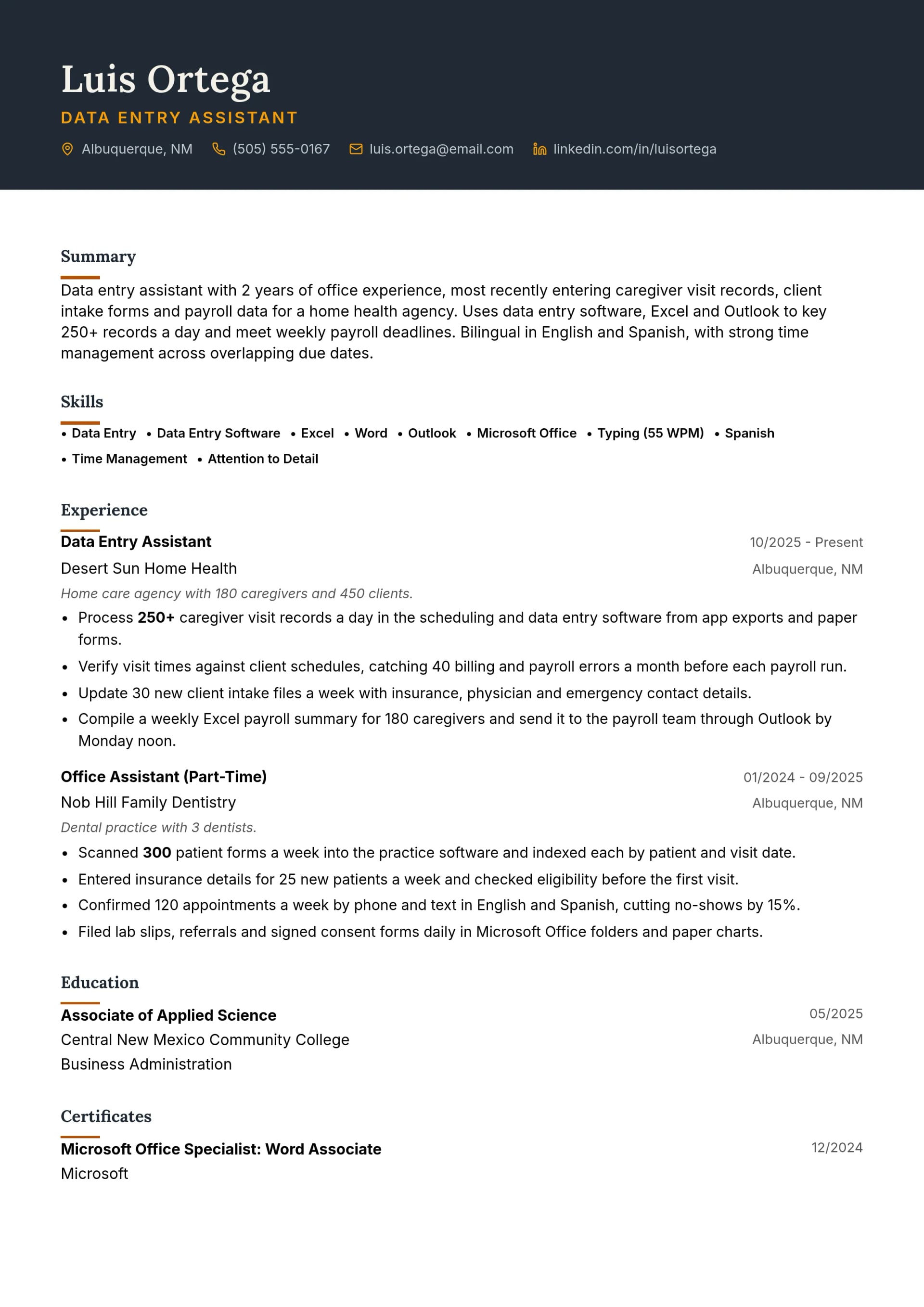 Data Entry Assistant resume example