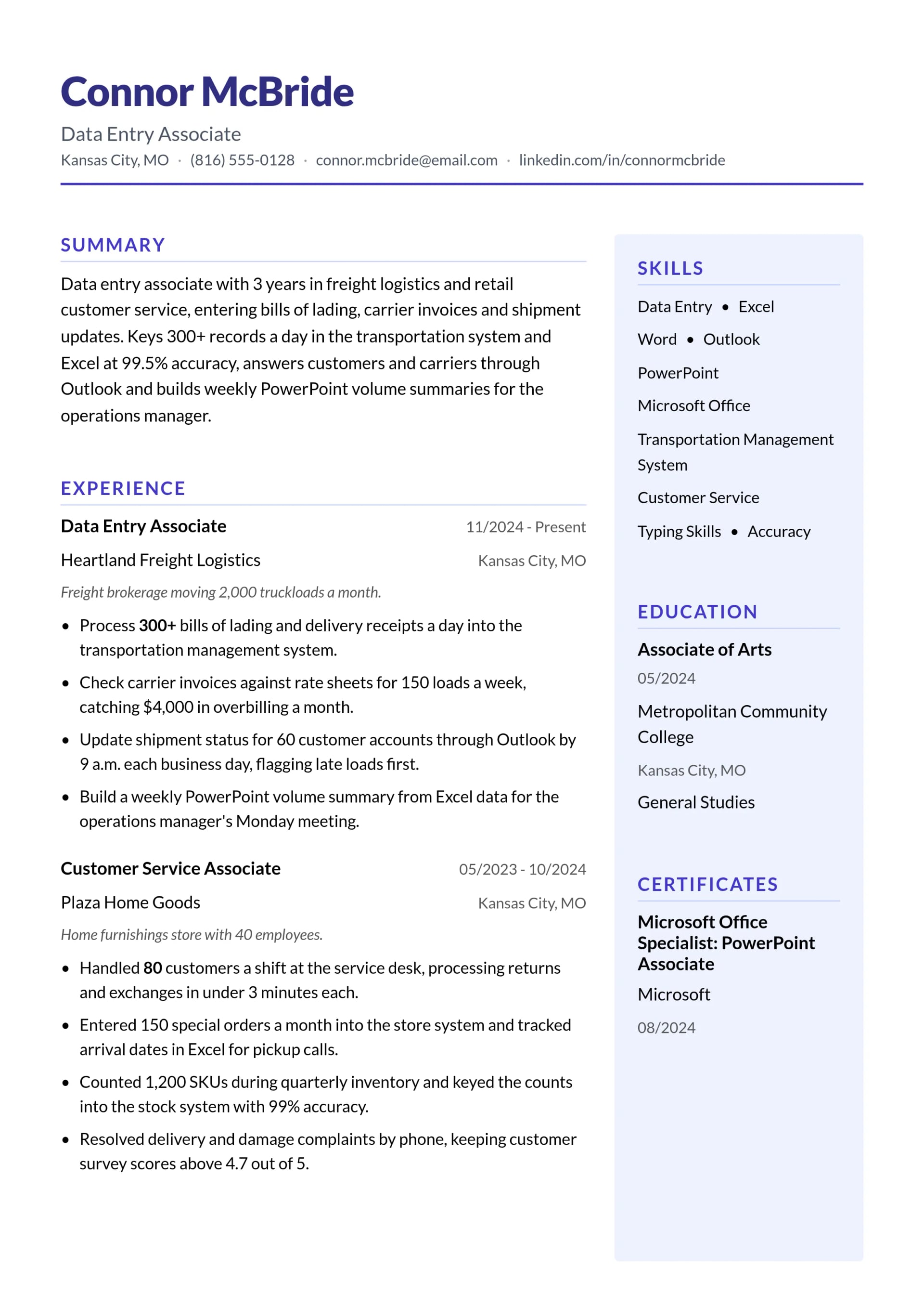 Data Entry Associate resume example