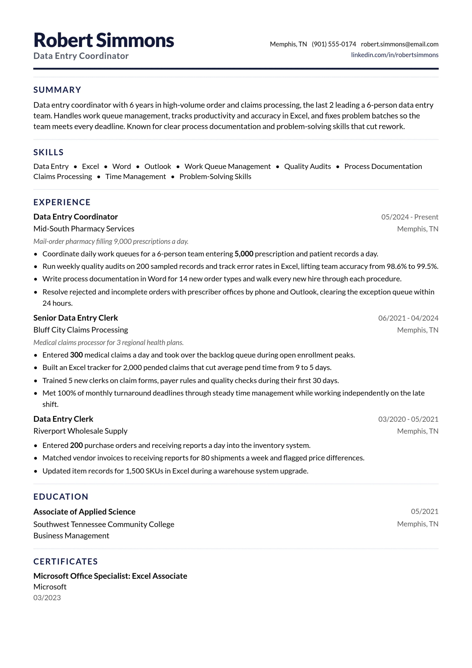 Data Entry Coordinator resume example