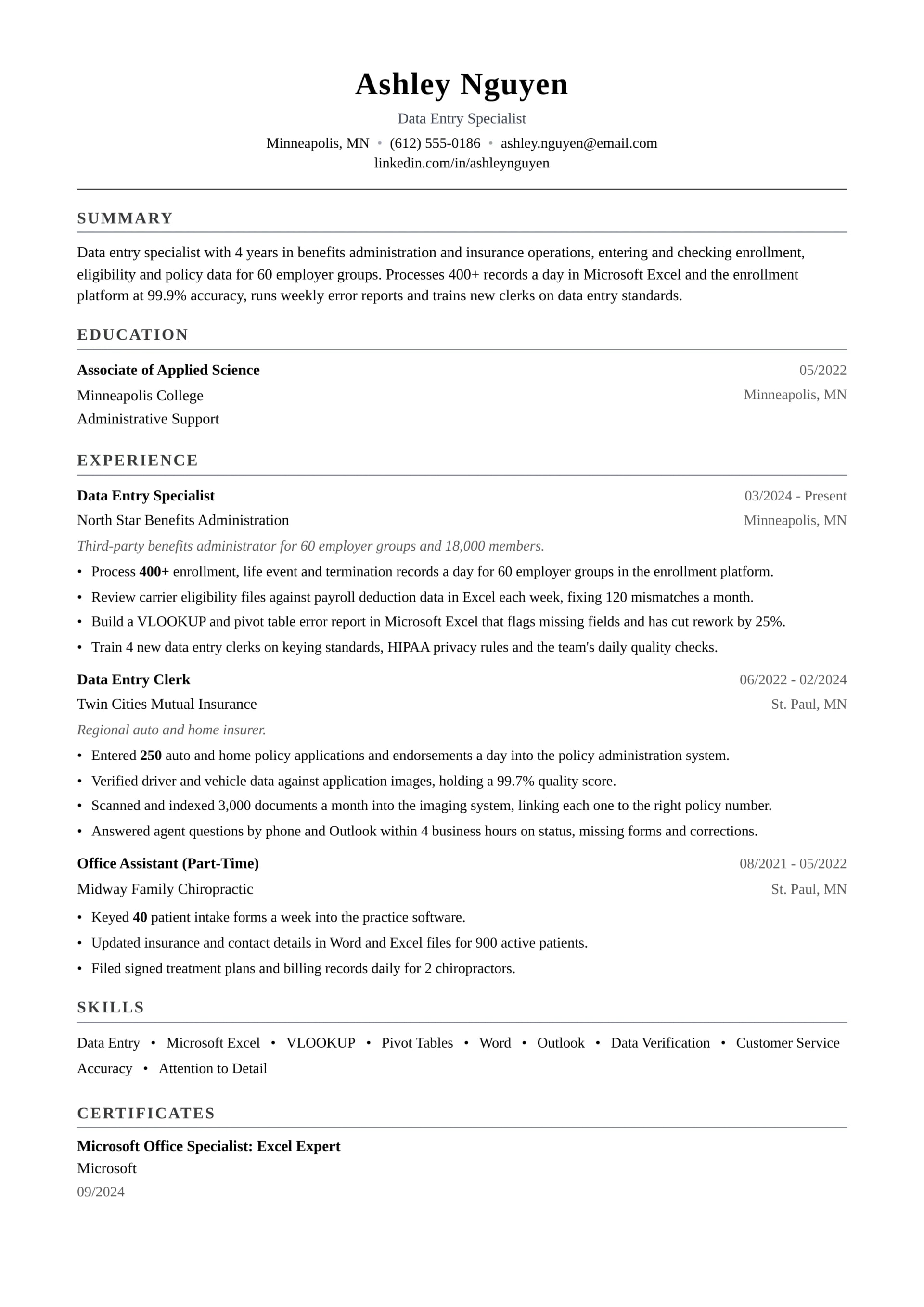 Data Entry Specialist resume example
