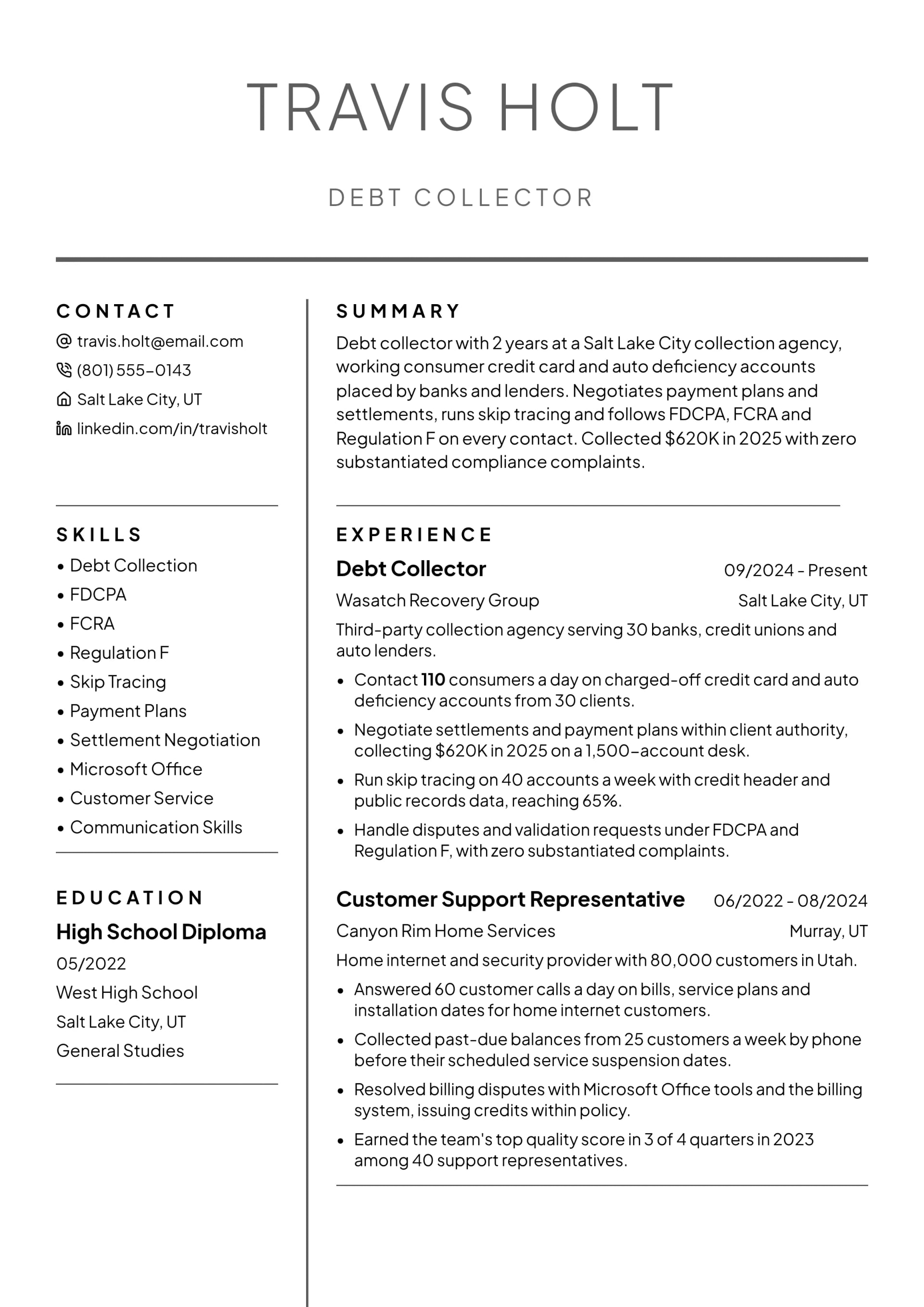 Debt Collector resume example