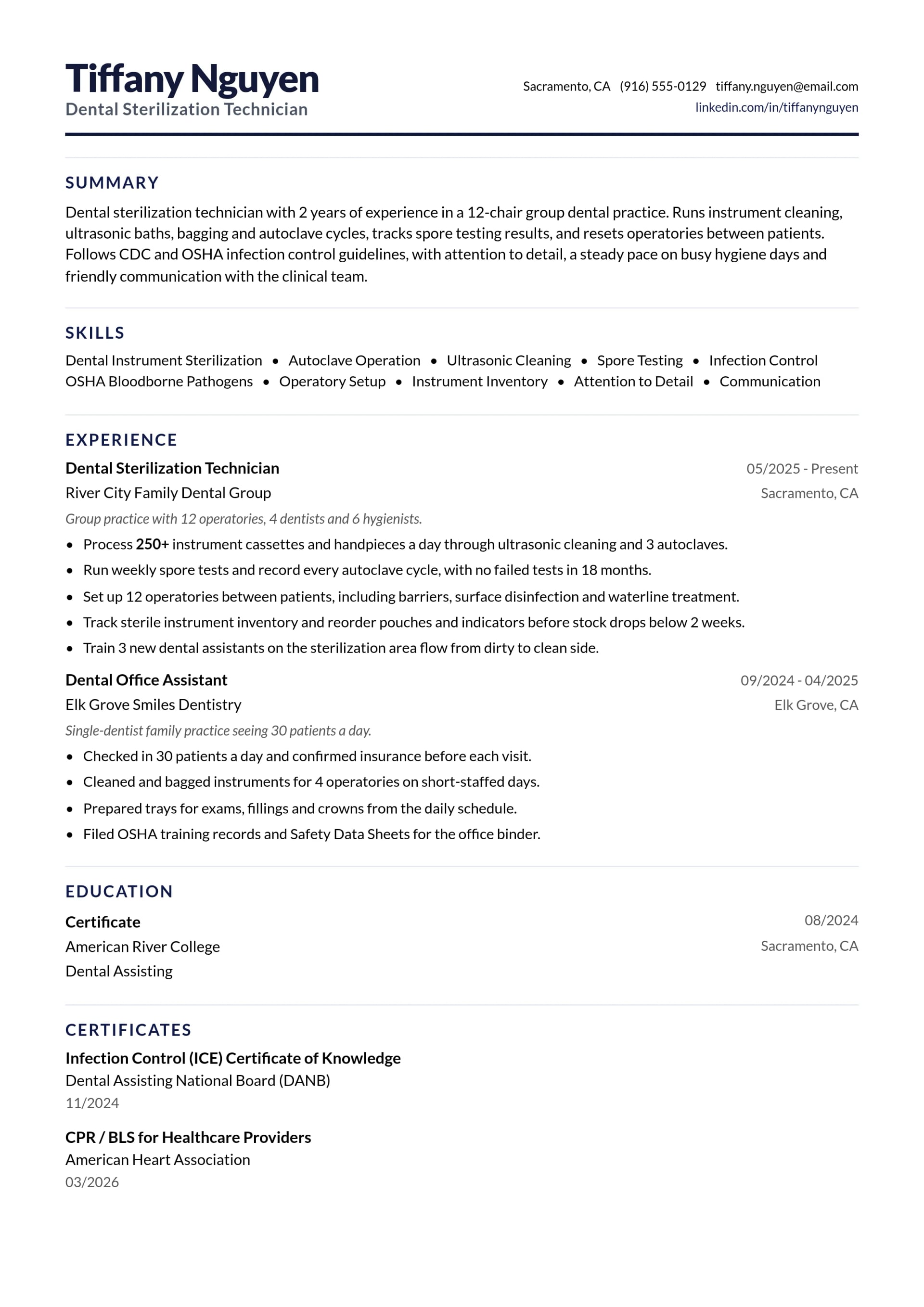 Dental Sterilization Technician resume example