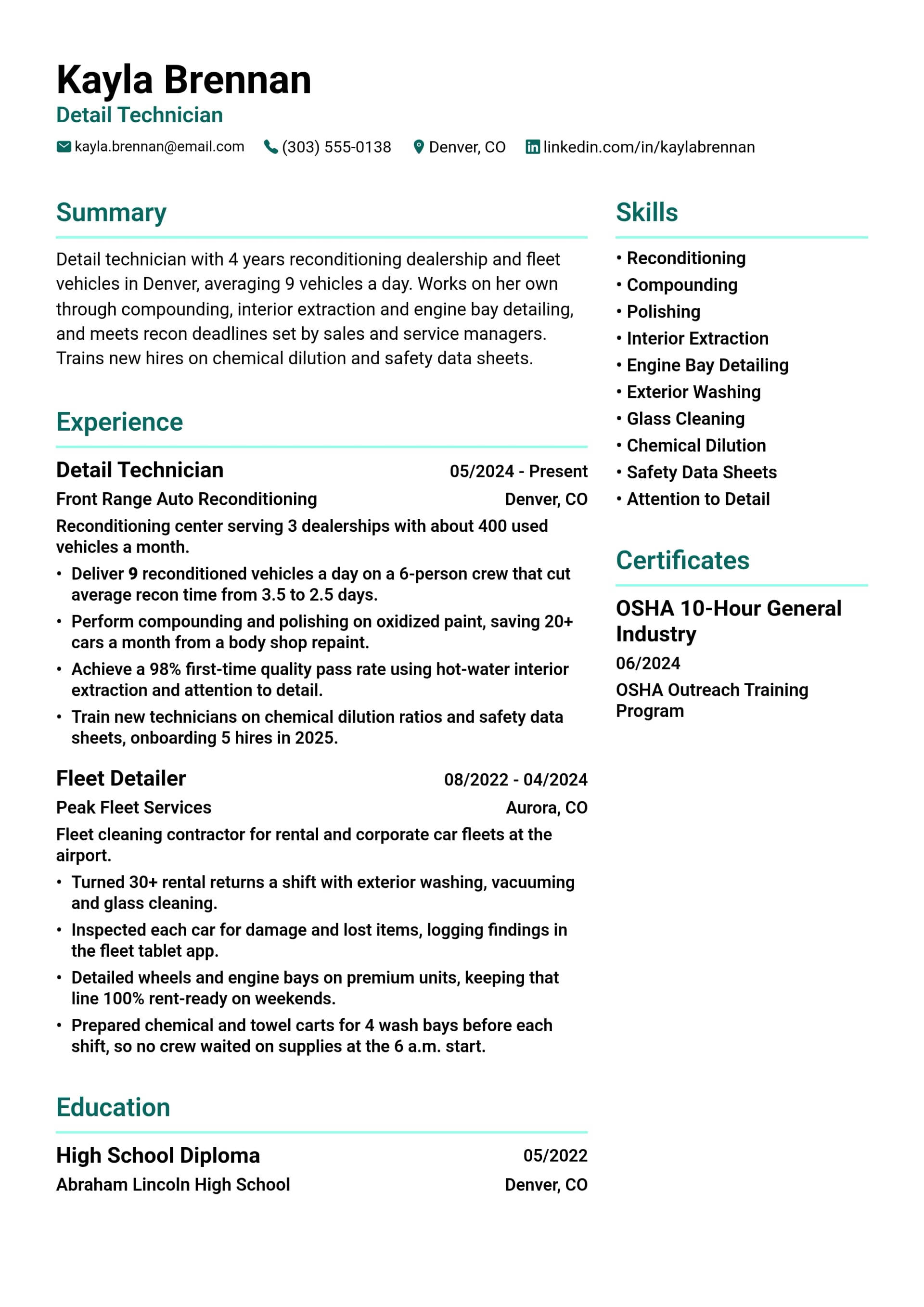 Detail Technician resume example